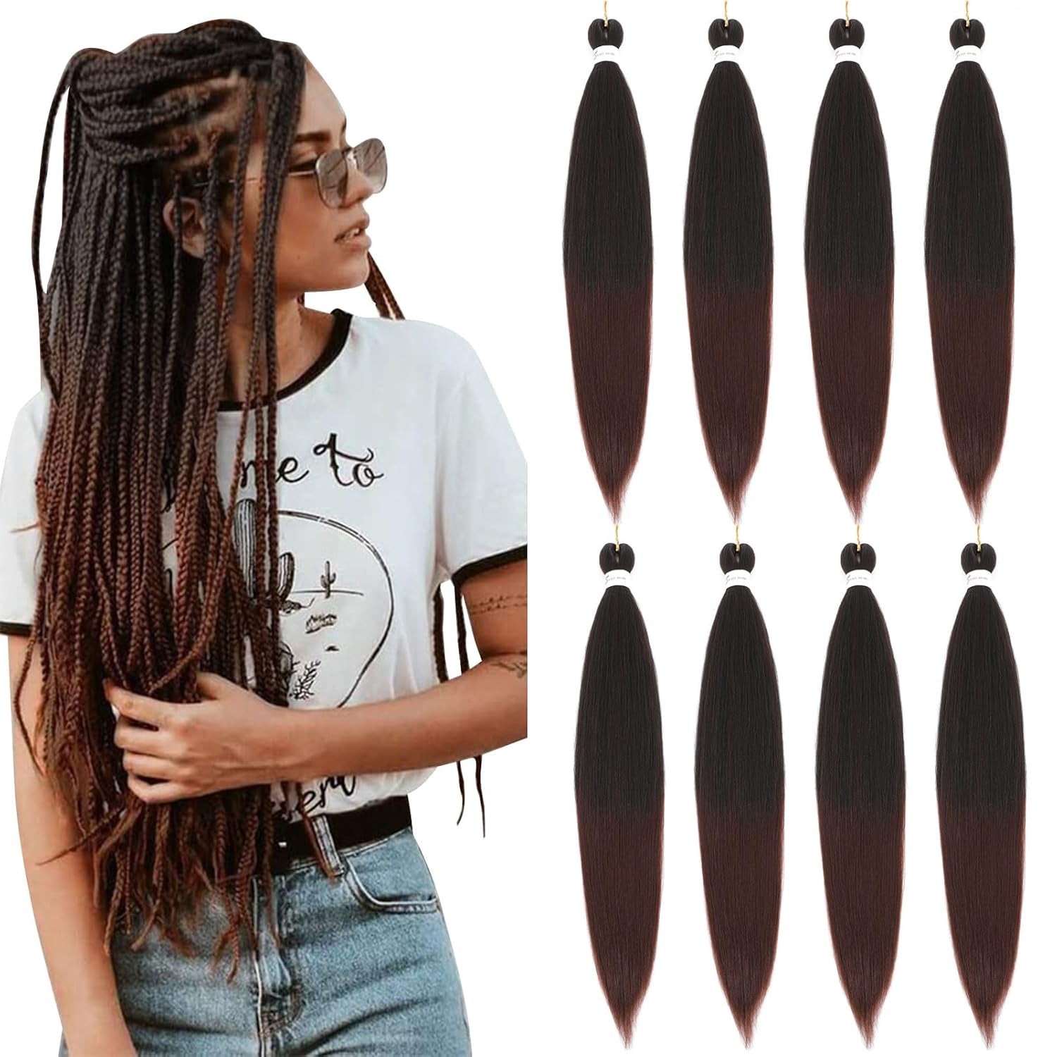 Braiding Hair Pre Stretched - 20 Inch Pre Stretched Braiding Hair 1B/33 Braiding Hair 8 Packs Ombre Braiding Hair Pre Stretched for Black Women (20 Inch(8Packs), 1B/33)