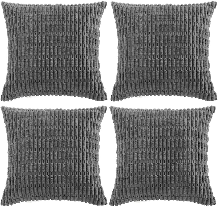 4 Packs Dark Grey Decorative Throw Pillow Covers 18X18 Inch for Living Room Couch Bed, Rustic Modern Farmhouse Boho Home Decor, Soft Plush Corduroy Cute Accent Square Cushion Case 45X45 Cm