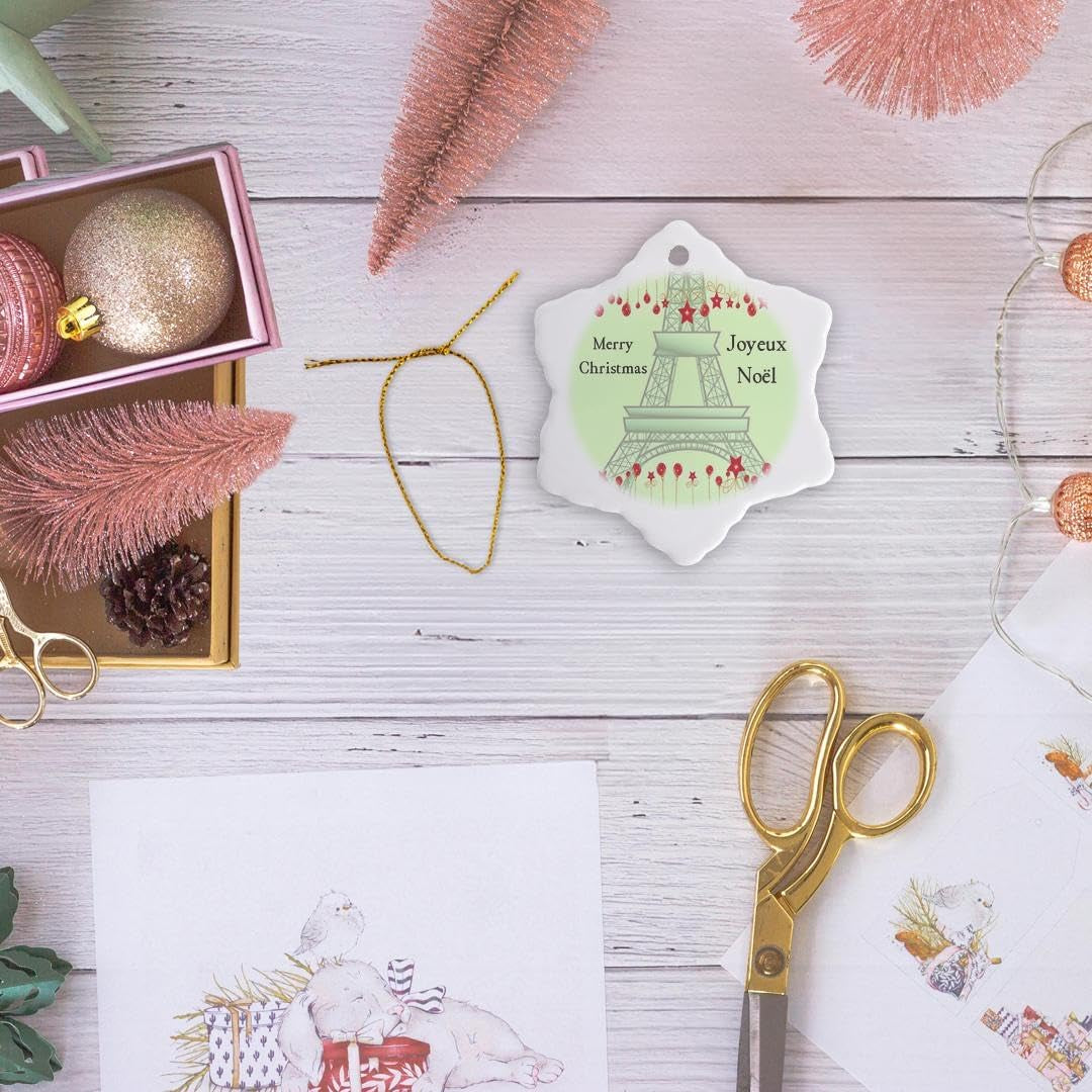 ORN_57236_1 Joyeux Noel Merry Christmas in French Eiffel Tower Snowflake Porcelain Ornament, 3-Inch