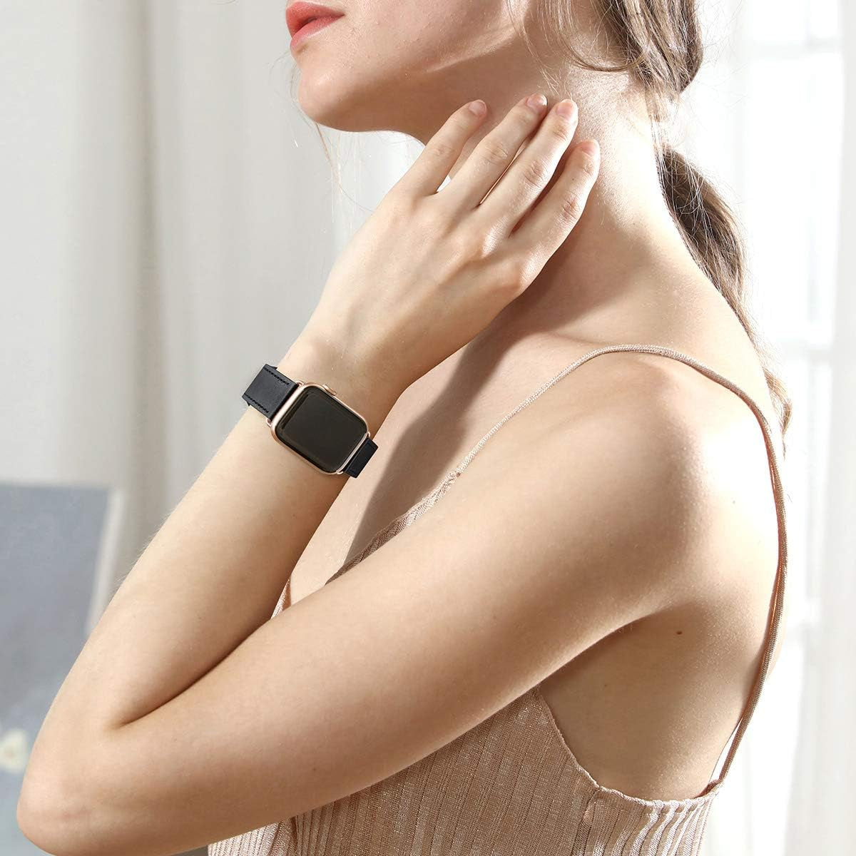 Bands Compatible with Apple Watch Band 38Mm 40Mm 41Mm 42Mm 44Mm 45Mm 49Mm, Genuine Leather Strap Compatible for Women Men Iwatch SE Ultra Series 9 8 7 6 5 4 3 2 1 (Black/Rosegold)