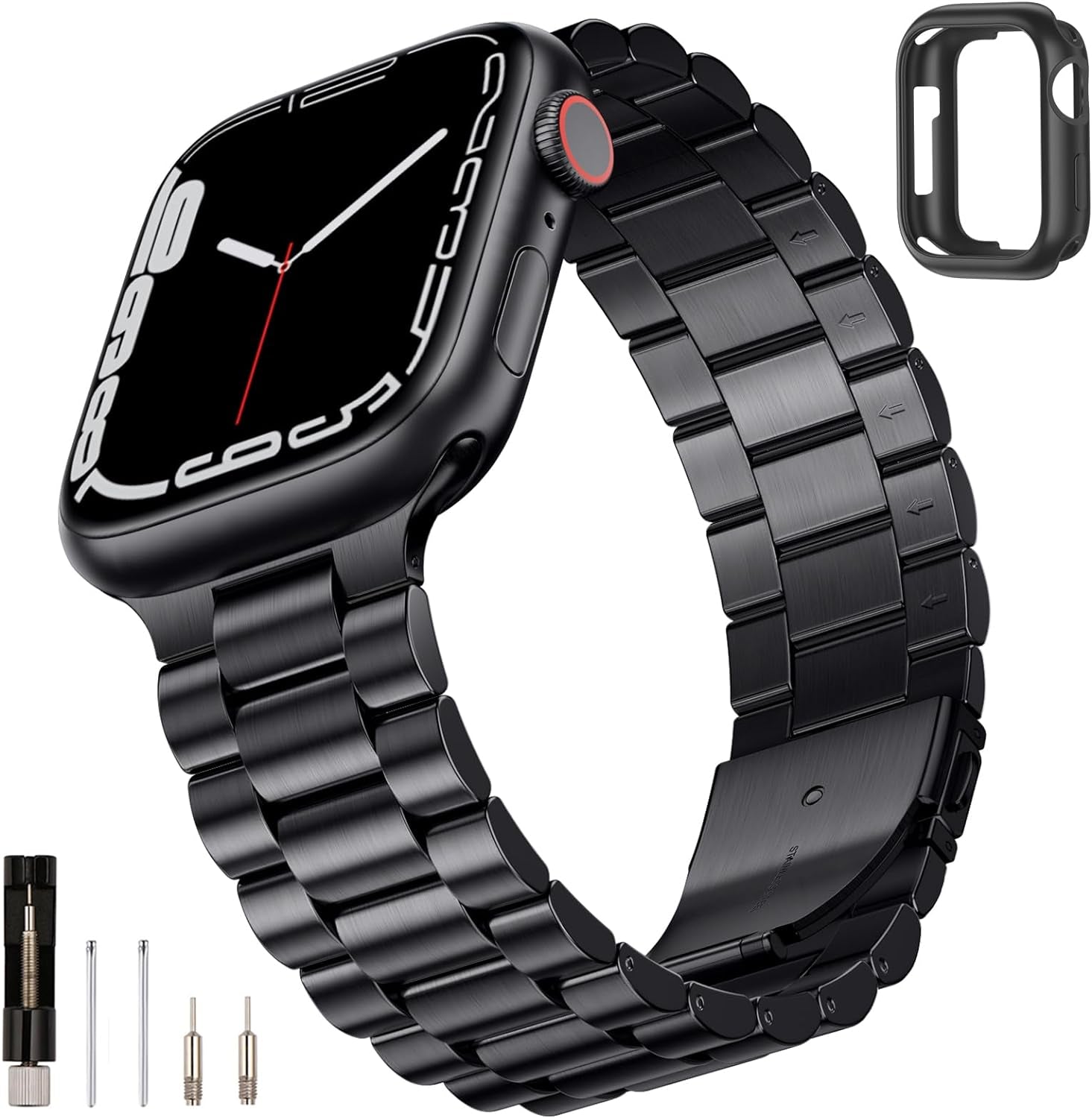 Compatible with Apple Watch Band 45Mm 44Mm 42Mm for Men Women, Stainless Steel Metal Iwatch Band with Case for Apple Watch Series 9/8/7/6/5/4/3/2/1/Se/Se2(Black, 42Mm 44Mm 45Mm)