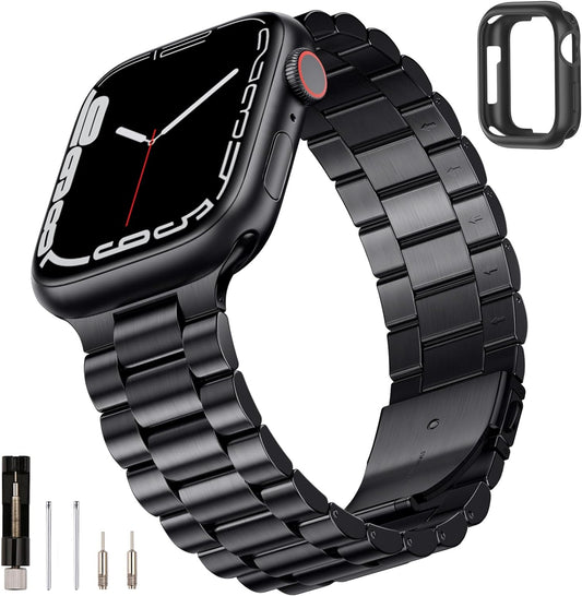 Compatible with Apple Watch Band 45Mm 44Mm 42Mm for Men Women, Stainless Steel Metal Iwatch Band with Case for Apple Watch Series 9/8/7/6/5/4/3/2/1/Se/Se2(Black, 42Mm 44Mm 45Mm)