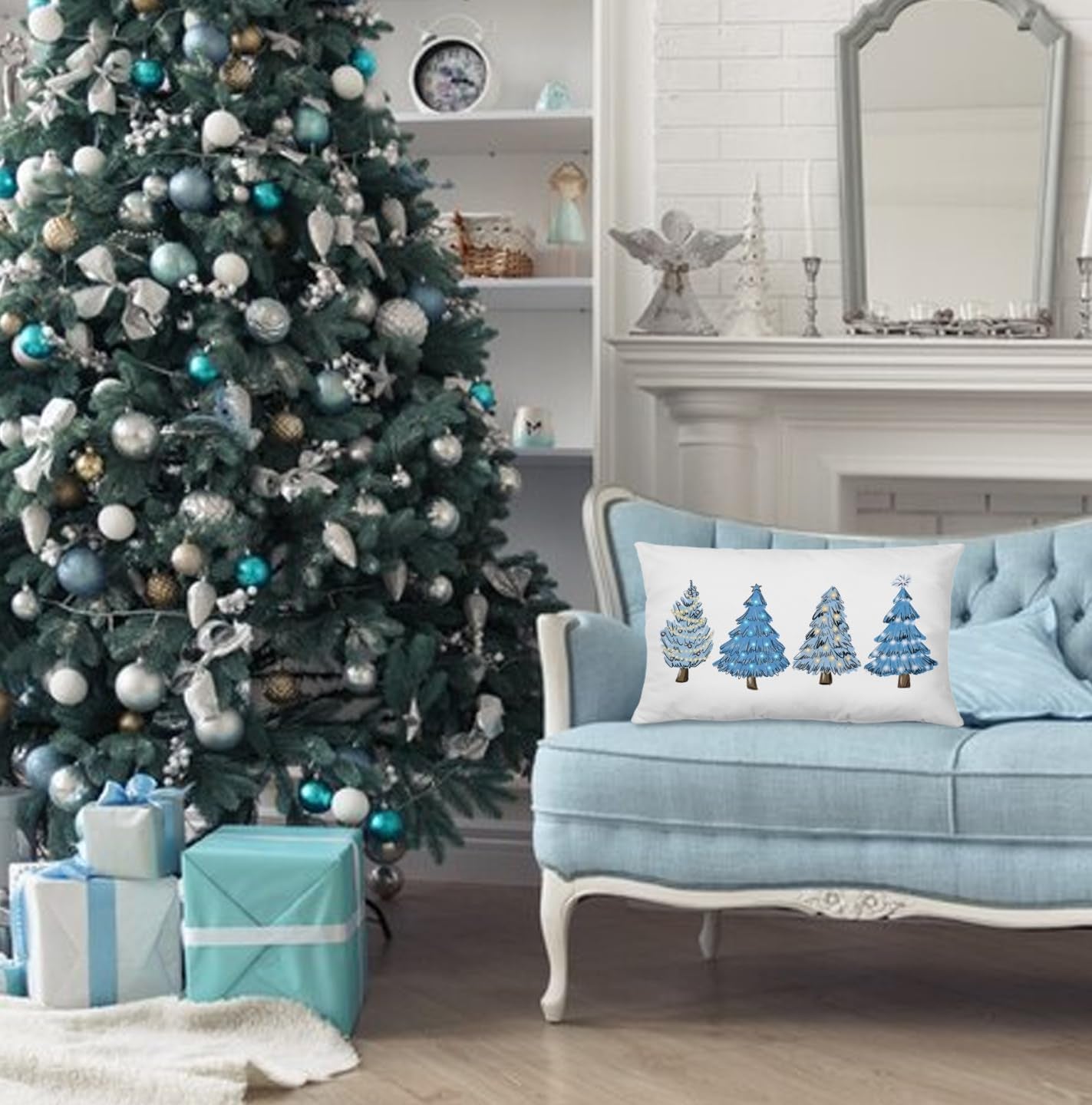 Blue Christmas Decorations,Coastal Christmas Decor Blue Christmas Tree Pillow Covers 12X20,Christmas Decor,Christmas Trees Xmas Pillow Cases Cushion Covers,Blue Christmas Tree Pillow Covers