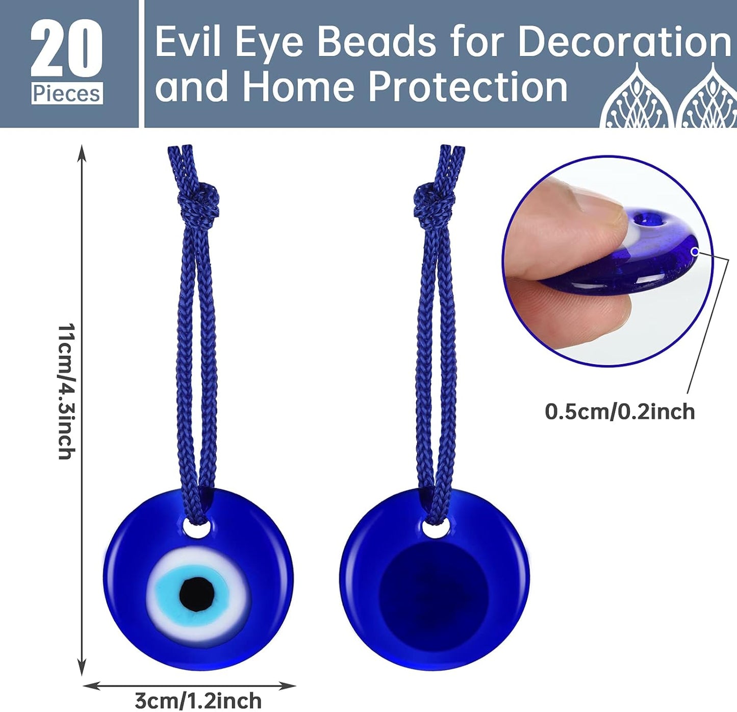 20 Pieces Turkish Blue Evil Eye Beads Charms Pendants Crafting Glass Beads Wall Hanging Ornament with Ropes for Jewelry Accessories Home Craft Decoration (Round)