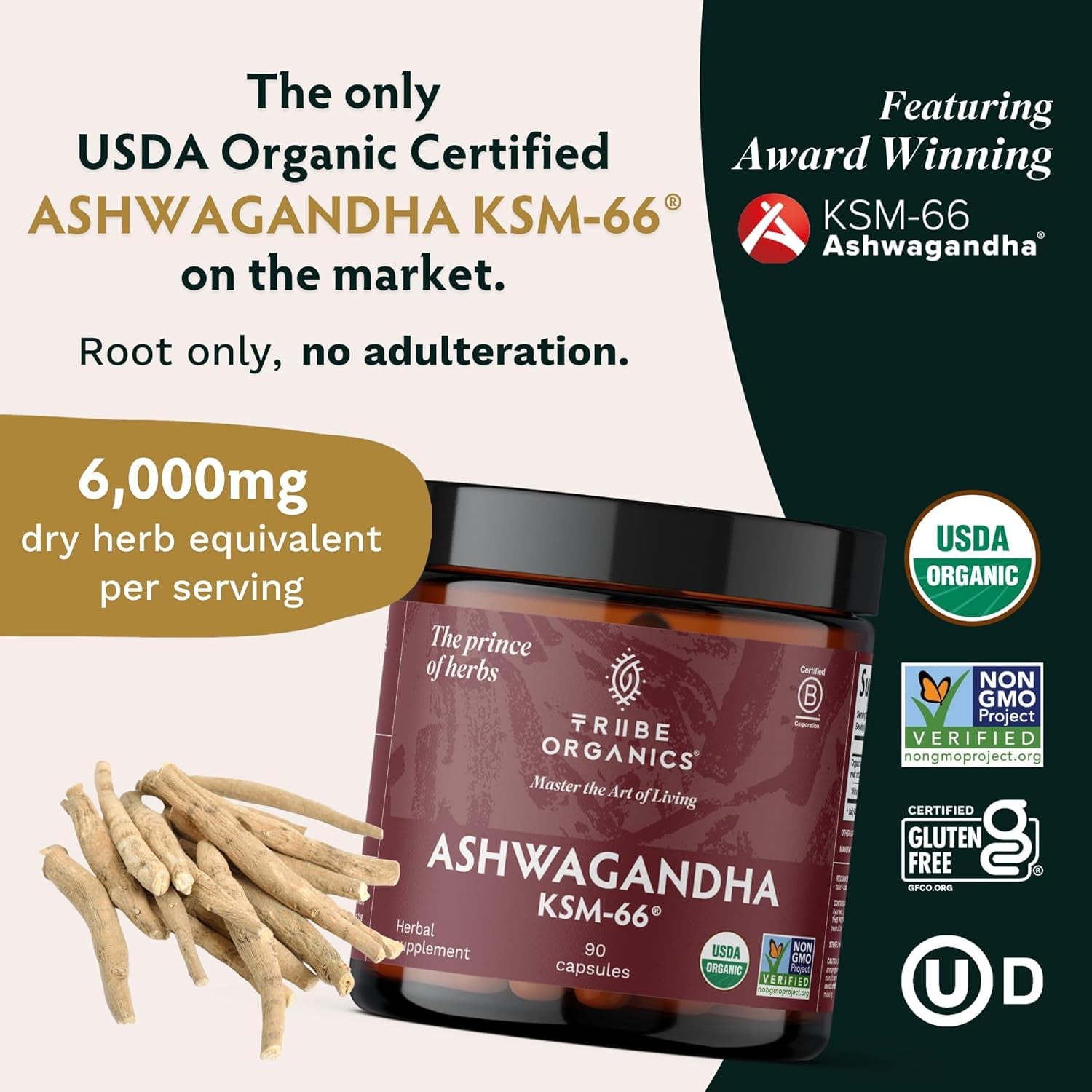 Ashwagandha KSM 66 Pure Organic Root Powder Extract Ayurvedic Supplement - Focus Mood Support Increase Energy Strength 600Mg of Natural KSM66 for Superior Absorption - 90 Capsules TLBH