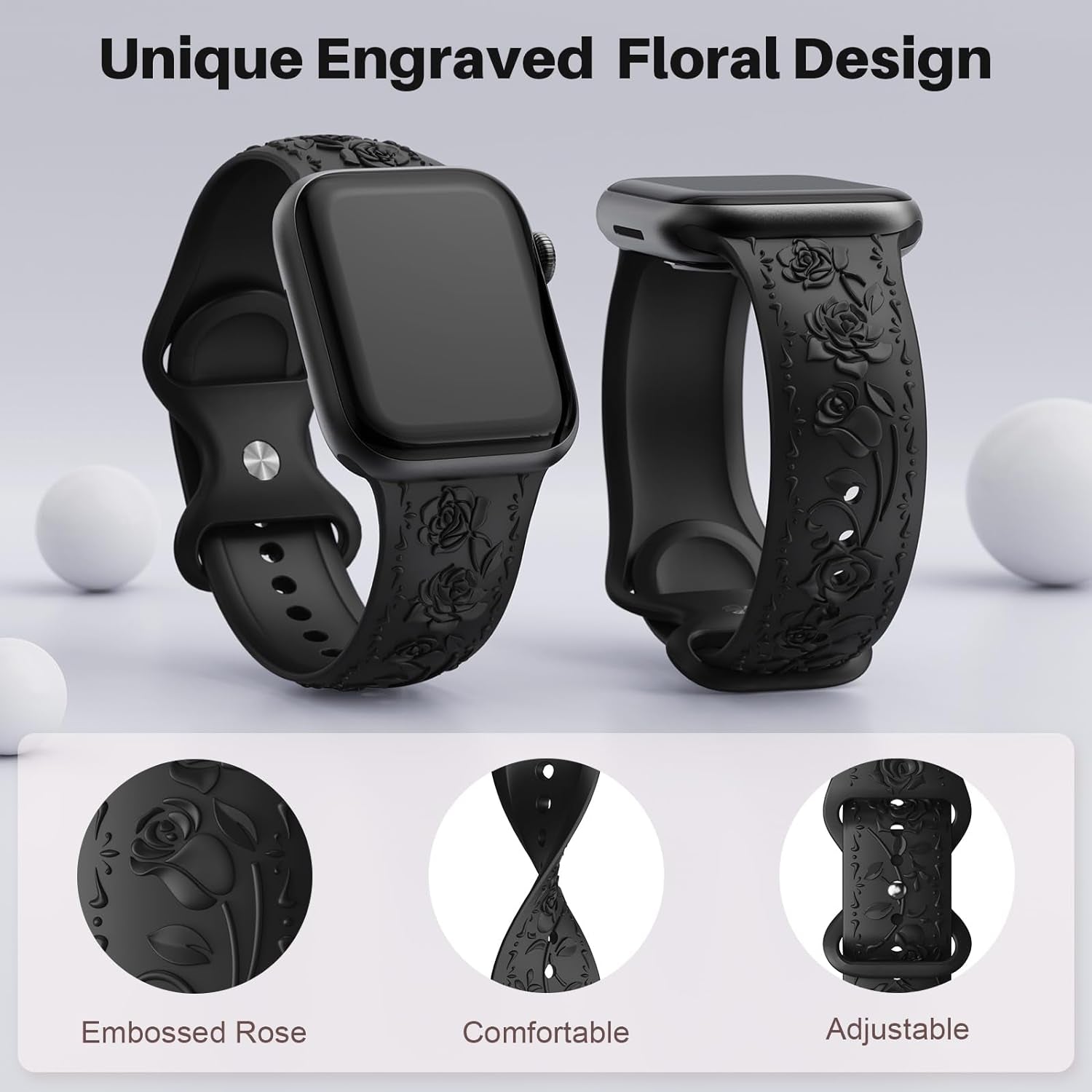 Floral Engraved Band Compatible with Apple Watch Band 40Mm 41Mm 38Mm 42Mm 44Mm 45Mm 49Mm Women, Designer Soft Silicone Cute Embossed Flower Strap for Iwatch Band Series SE Ultra 9 8 7 6 5 4 3 2 1