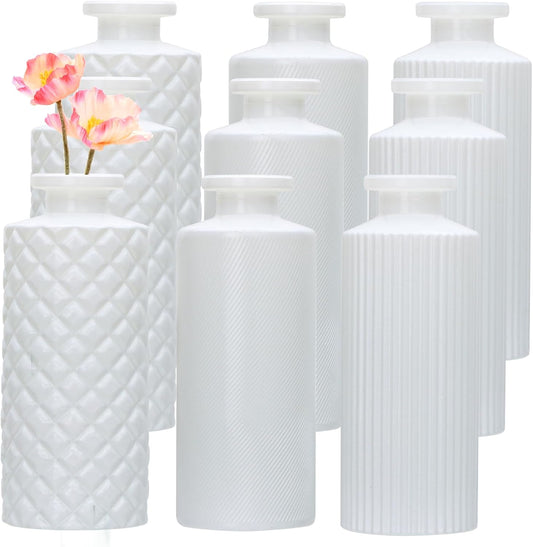 Glass Bud Vase Set in Bulk, 9Pcs Mini Vintage Flower Vases for Wedding,White Relief Vase for Centerpieces,Home Table Flower Decor, Party Decorations