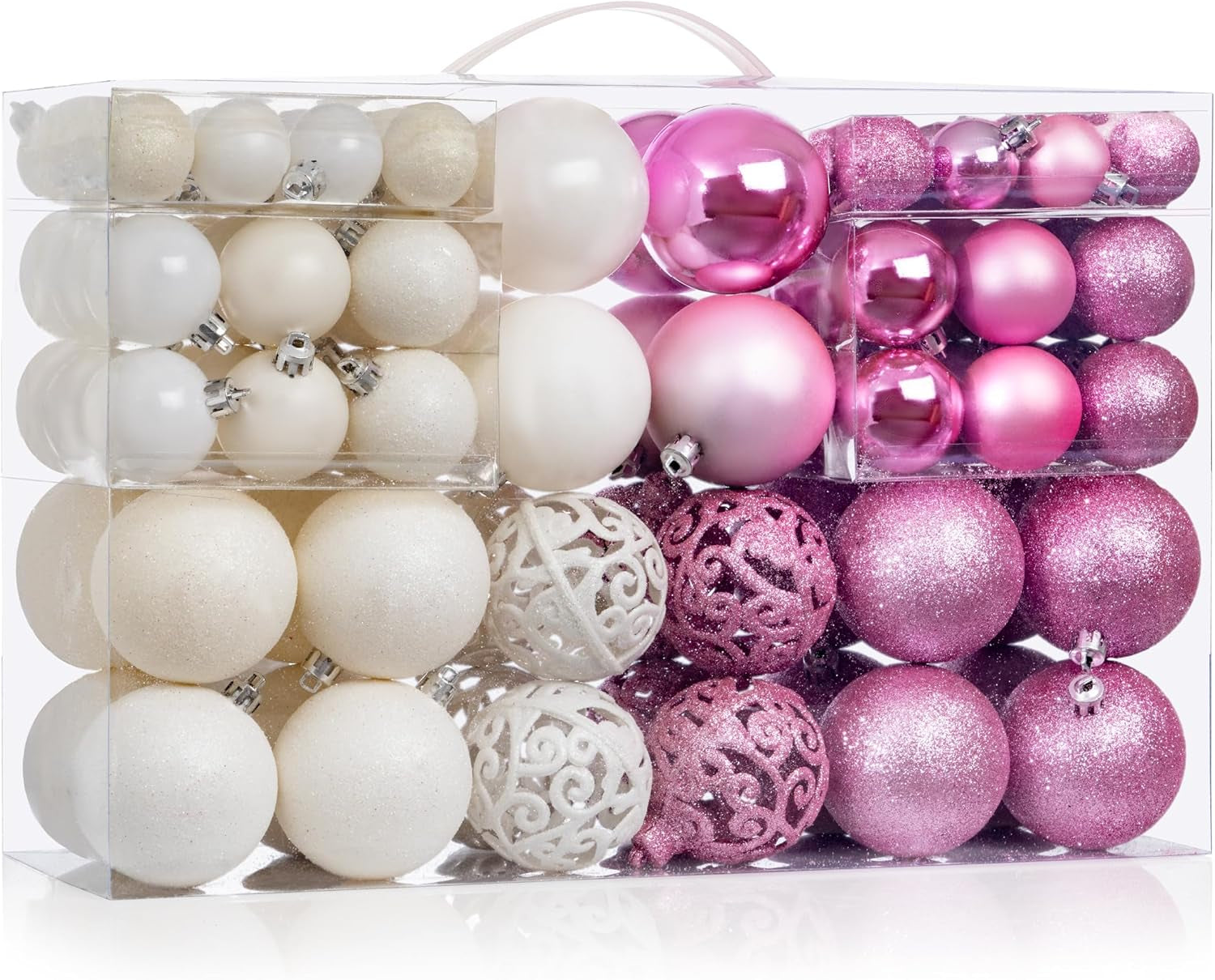 100 Pink and White Christmas Ornament Balls Shatterproof + 100 Metal Ornament Hooks, Hanging Ornaments for Indoor/Outdoor Xmas Christmas Tree, Holiday Party, Home Décor Sizes, 1.2" 1.6" & 2.4"