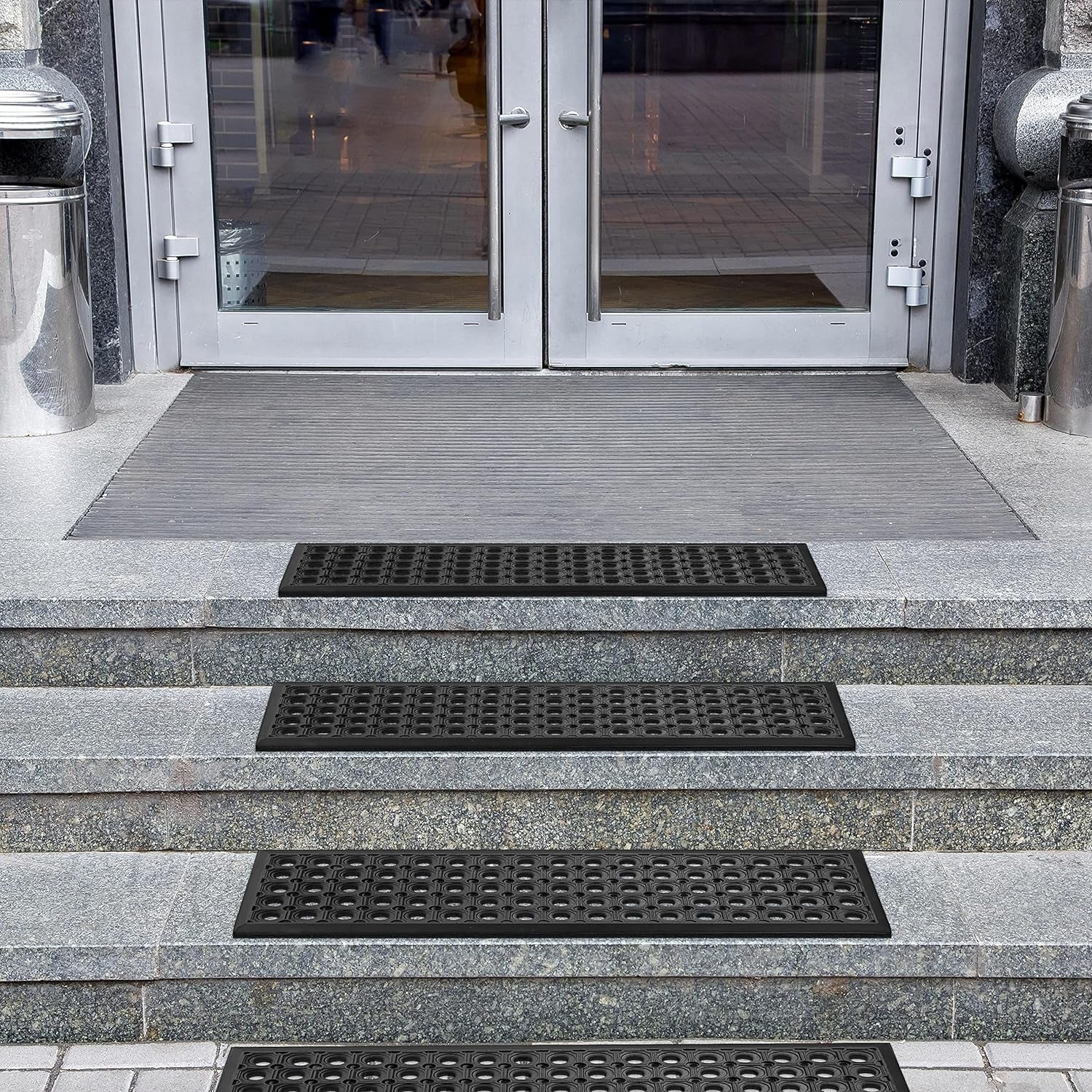 Indoor/Outdoor Hose-Wash Holes Design Non-Slip Rubber 10" X 30" Modern Stair Treads for Stairs, Garage, Patio, 5 Pack, Black Holes