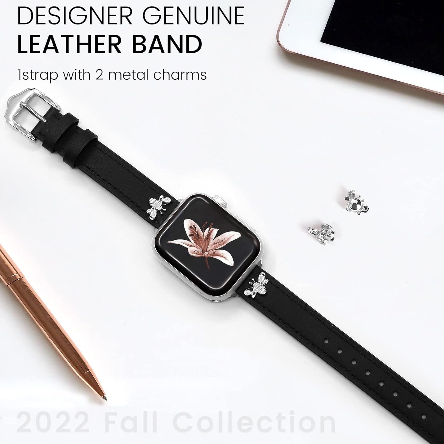 Slim Leather-Bands Compatible with Apple Watch Band 38Mm 40Mm 41Mm 42Mm 44Mm 45Mm 49Mm, Top Genuine Leather Band with Charms, Feminine Design for Iwatch Ultra SE & Series 9 8 7 6 5 4 3 2 1