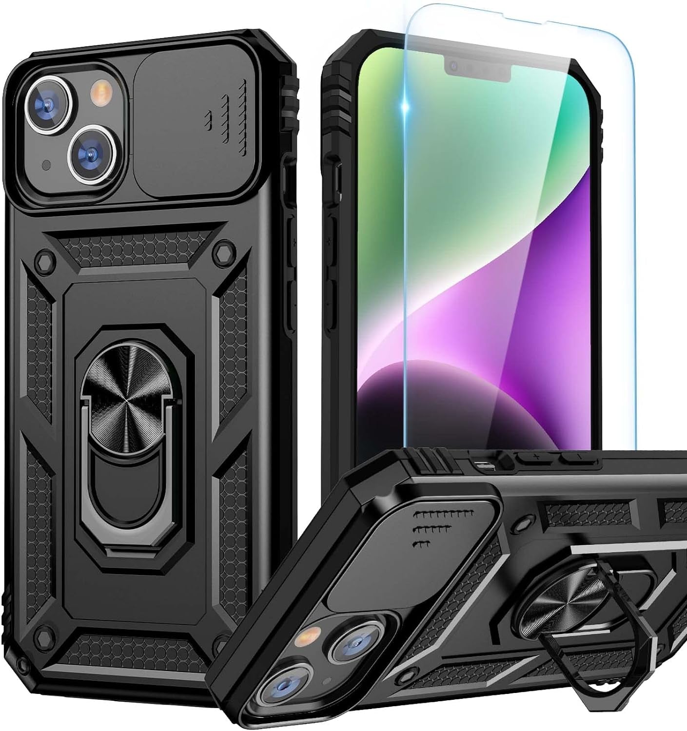 Compatible for Iphone 16 Case with Screen Protector - Slide Camera Cover Protective Phone Case with Ring Stand, Heavy Duty Shockproof Rugged Bumper for Iphone 16 Accessories Blue