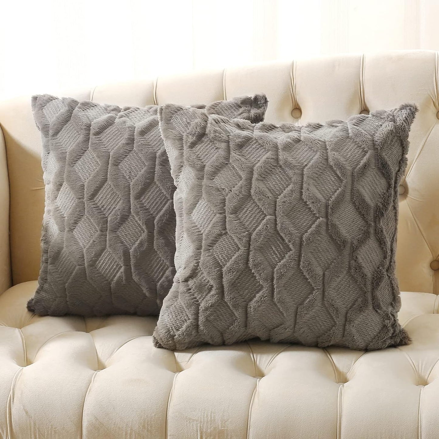 Pack of 2 Faux Wool Throw Pillow Covers 20X20 Inches Decorative Farmhouse Velvet Couch Pillow Case Soft Plush Square Boho Cushion Pillowcase, Dark Grey