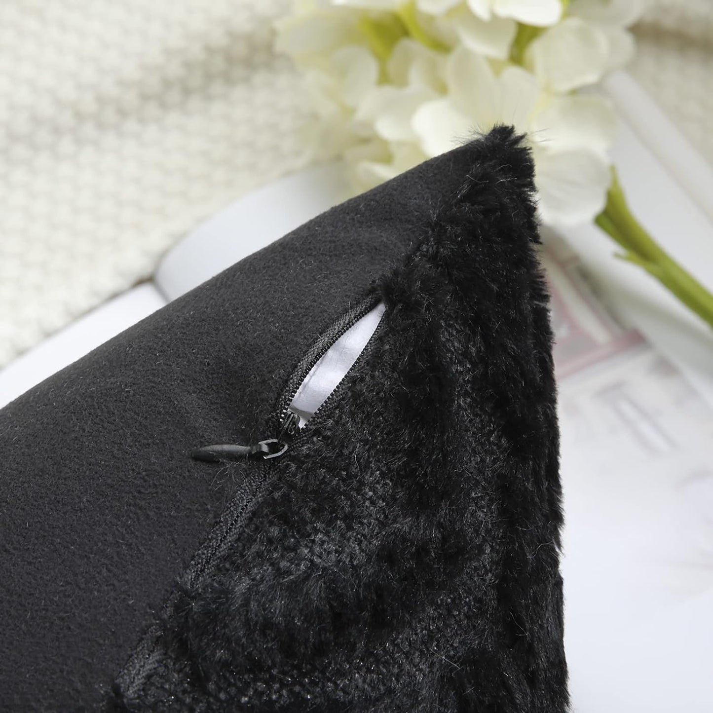 Decorative Throw Pillow Covers 18X18, Soft Plush Faux Wool Couch Pillow Covers for Home, Set of 2, Black