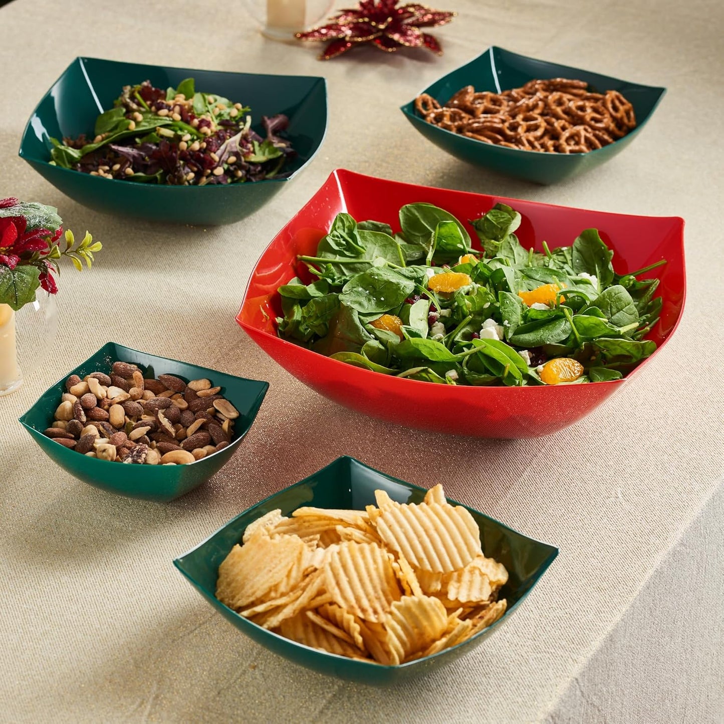 Disposable Square Serving Bowls, Party Snack or Salad Bowl, Plastic 2 Green & 2 Red 32 Ounce Pack of 4 32 OUNCE