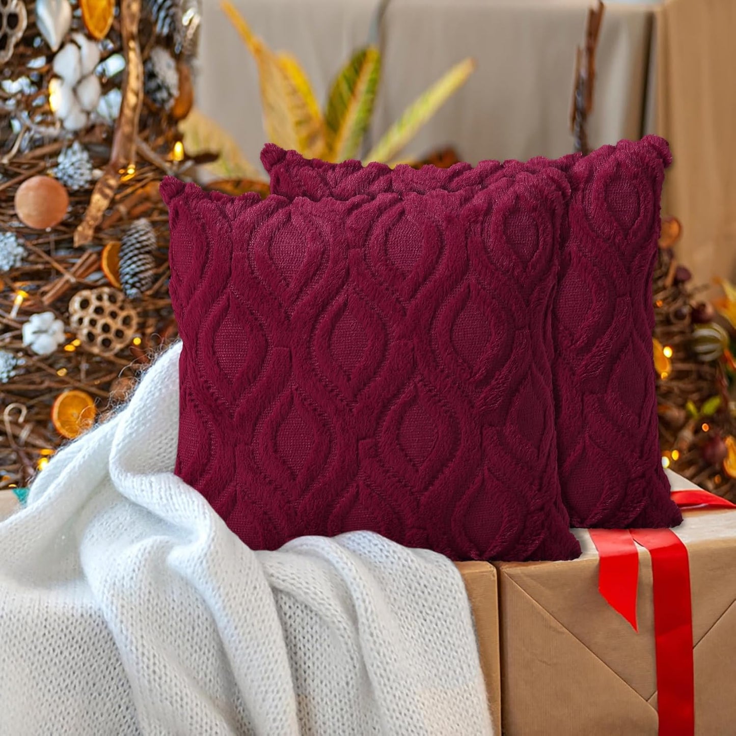 Christmas Decorative Throw Pillow Covers 18X18, Soft Plush Faux Wool Couch Pillow Covers for Home, Set of 2, Burgundy