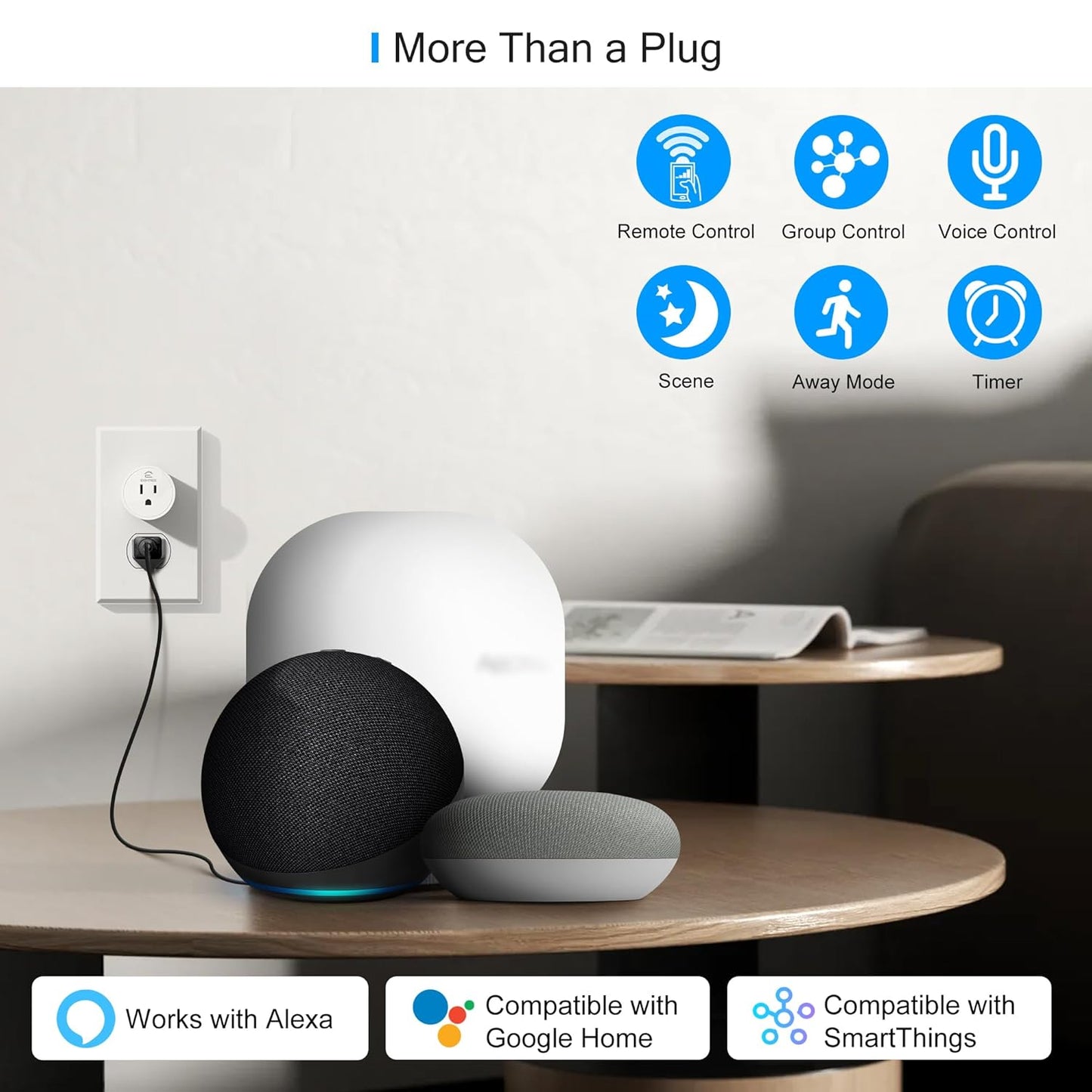 Smart Plug, Smart Plugs That Work with Alexa and Google Home, Compatible with Smartthings, Smart Outlet with Wifi Remote Control and Timer Function, 2.4Ghz Wi-Fi Only, 4 Packs
