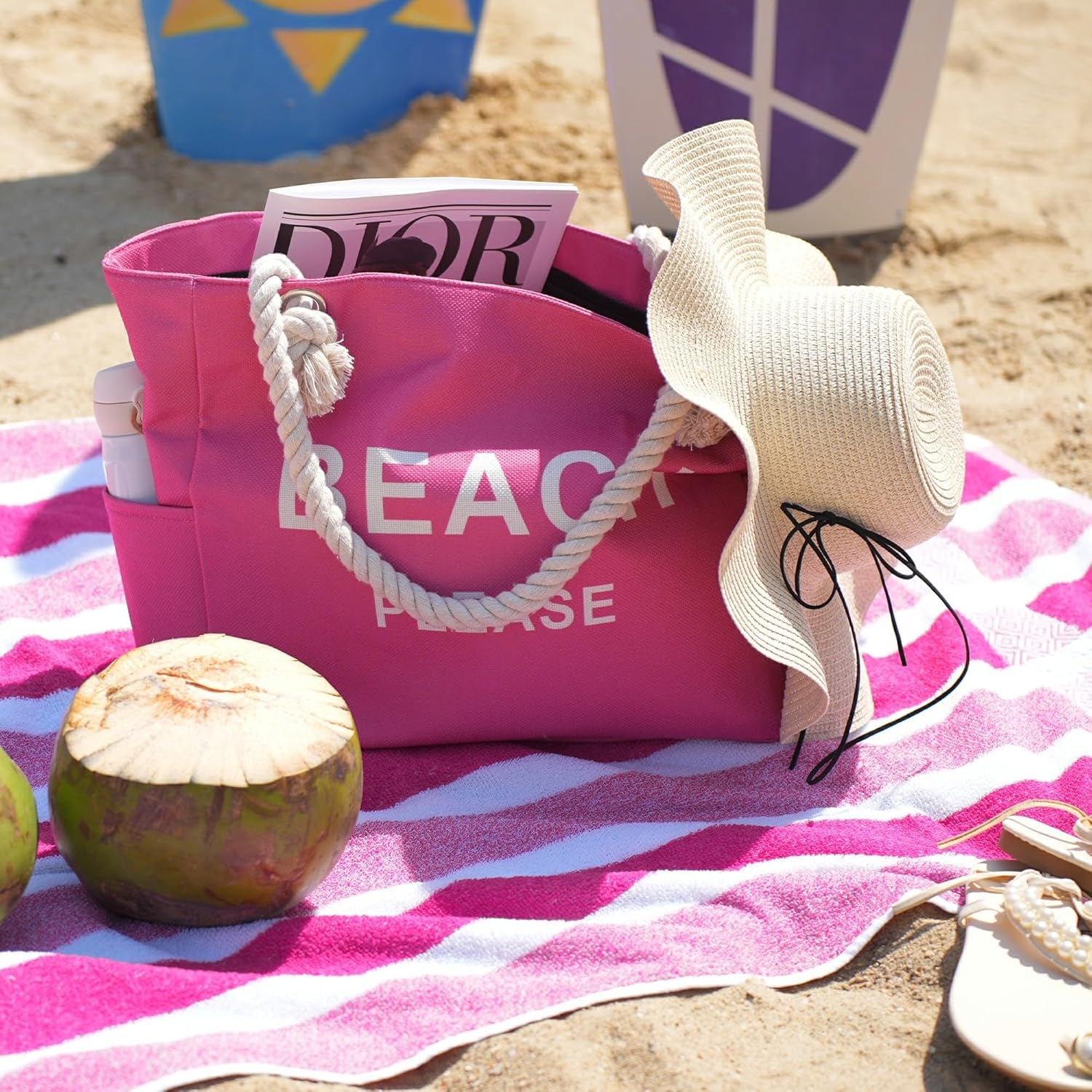 Large Canvas Beach Tote Bag with Zipper Women Swim, Travel, Shopping, Gym and Beach Holiday Cruise Essentials