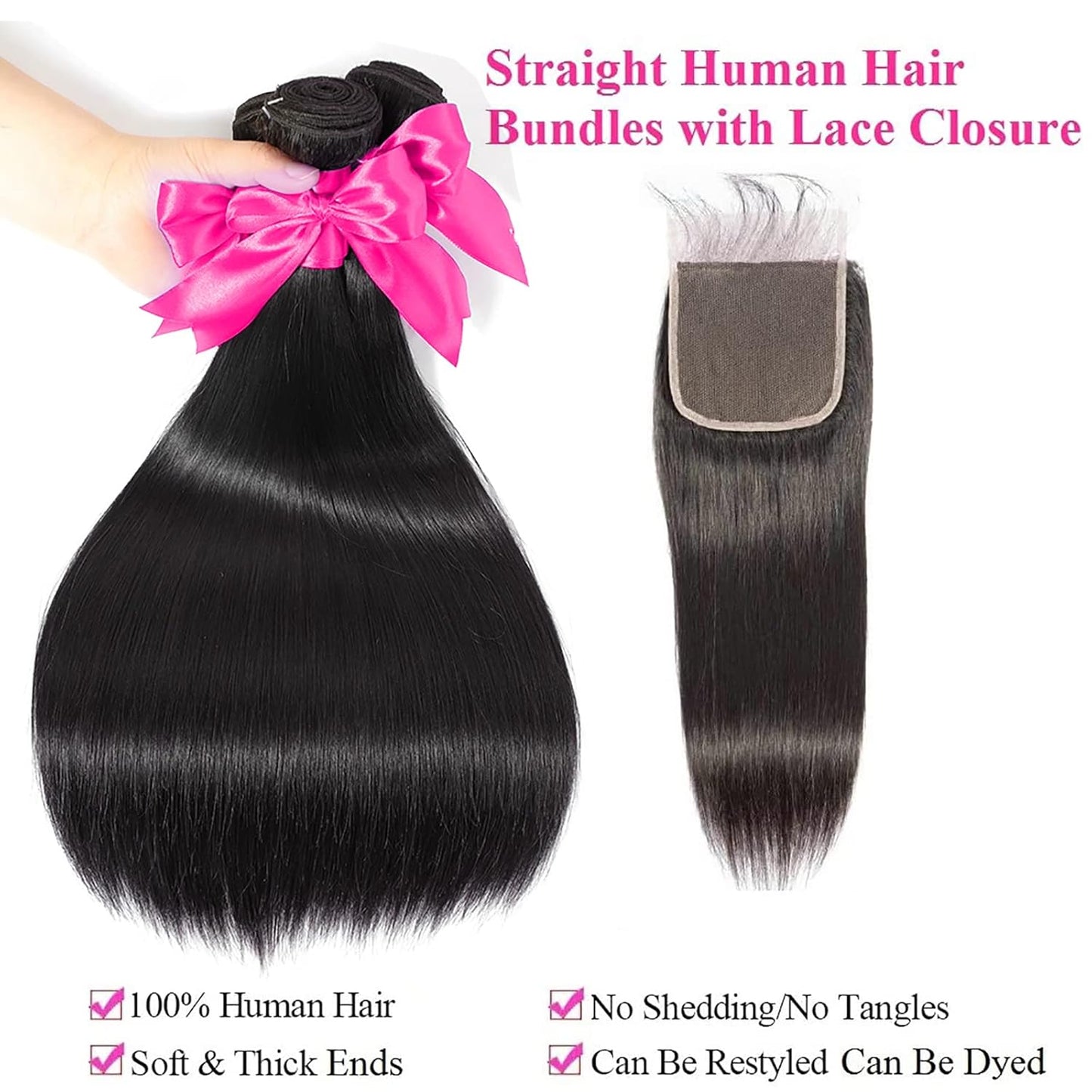 Straight Bundles with Closure Human Hair 14 16 18+12 Brazilian Human Hair Bundles with Closure 100% Unprocessed Virgin Weave Hair Bundles with Closure 10A Bundles Human Hair with Lace Closure