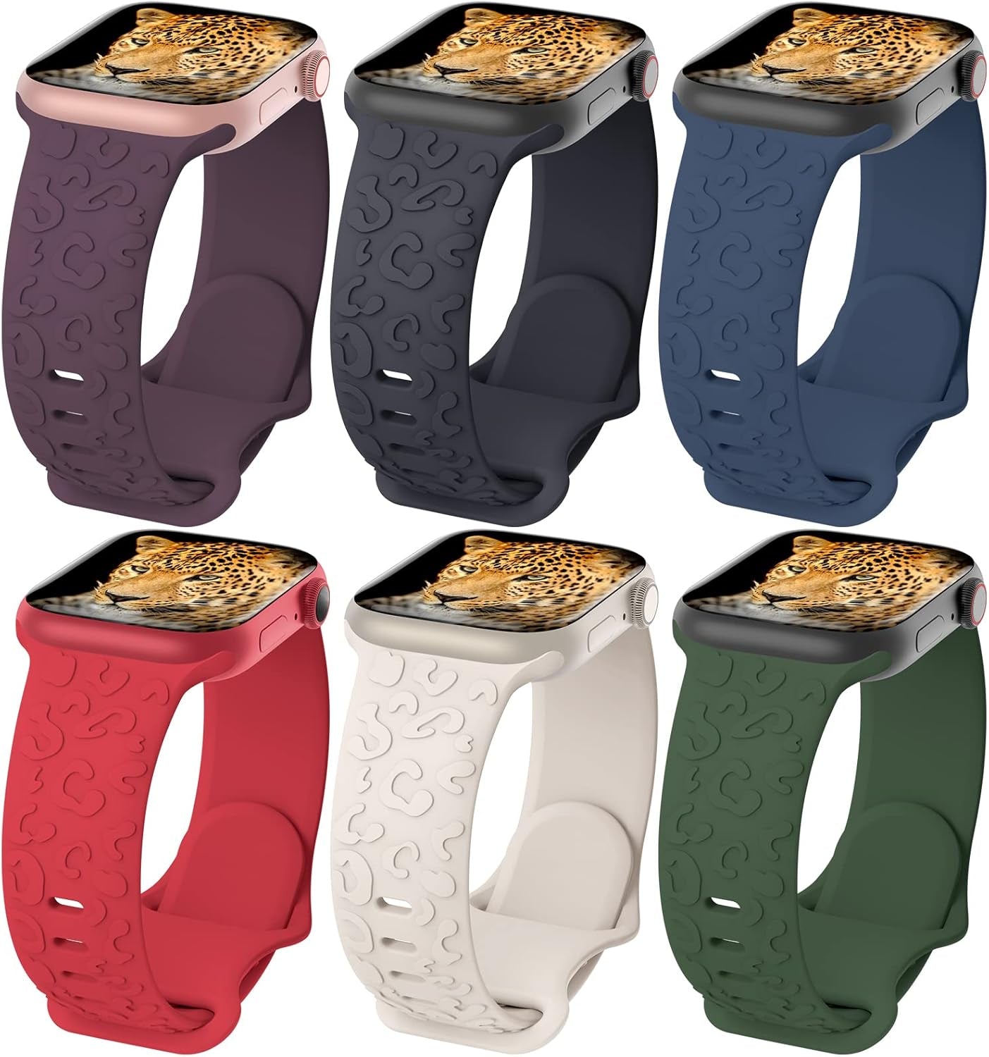 6 Pack Raised Leopard Engraved Pattern Silicone Bands Compatible with 38Mm 40Mm 41Mm 42Mm 44Mm 45Mm 49Mm, Replacement Sport Strap Wristbands for Iwatch Series Ultra 8/7/6/5/4/3/2/1 SE Women Men