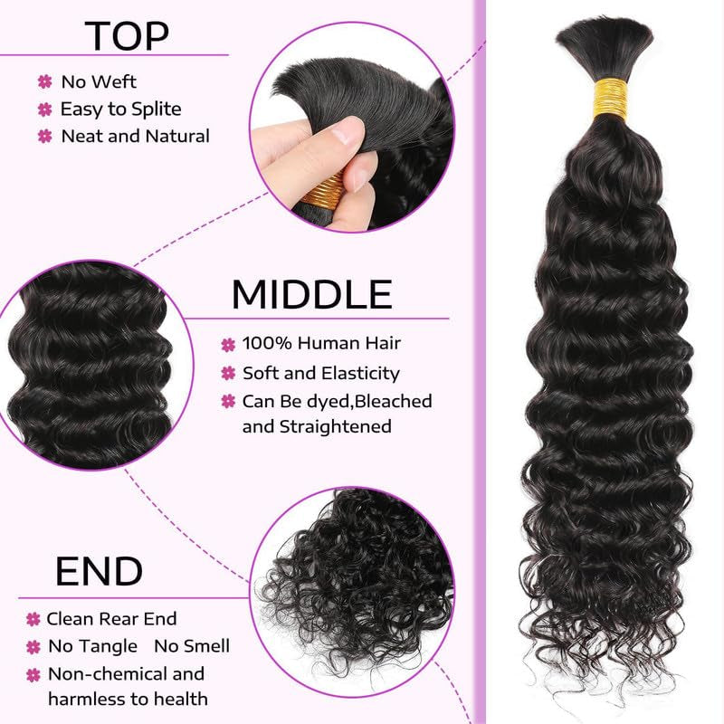 Human Braiding Hair 14Inch Water Wave Bulk Human Hair for Braiding 100G 2Bundle/Pack No Weft Human Hair Bundles for Braiding Micro Human Braiding Hair for Boho Braids(14Inch,Natural Black)