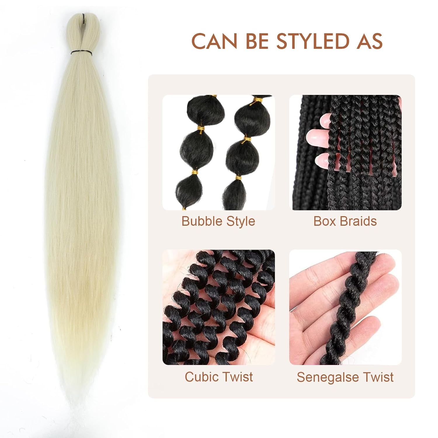 Pre-Stretched Braiding Hair - 16 Inch 8 Packs Off-White Super Long Braiding Hair for Twist or Box Braids, Yaki Texture Hot Water Setting Synthetic Braiding Hair Extensions (16 Inch, #613-8P)