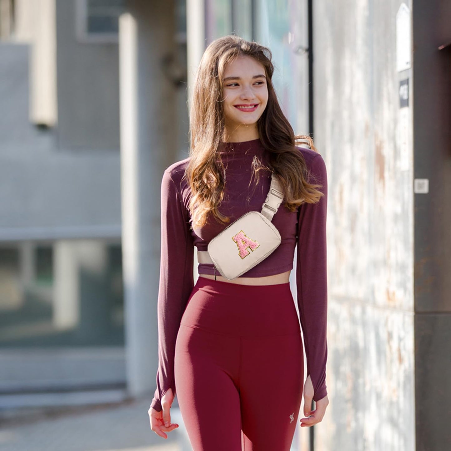 Belt Bag Fanny Pack Crossbody Bags with Initial Letter Patch Cute Stuff Birthday Gifts for Teenager Girls Cool Stuff for Teens Trendy Preppy Stuff for Teen Girls (Beige-A)