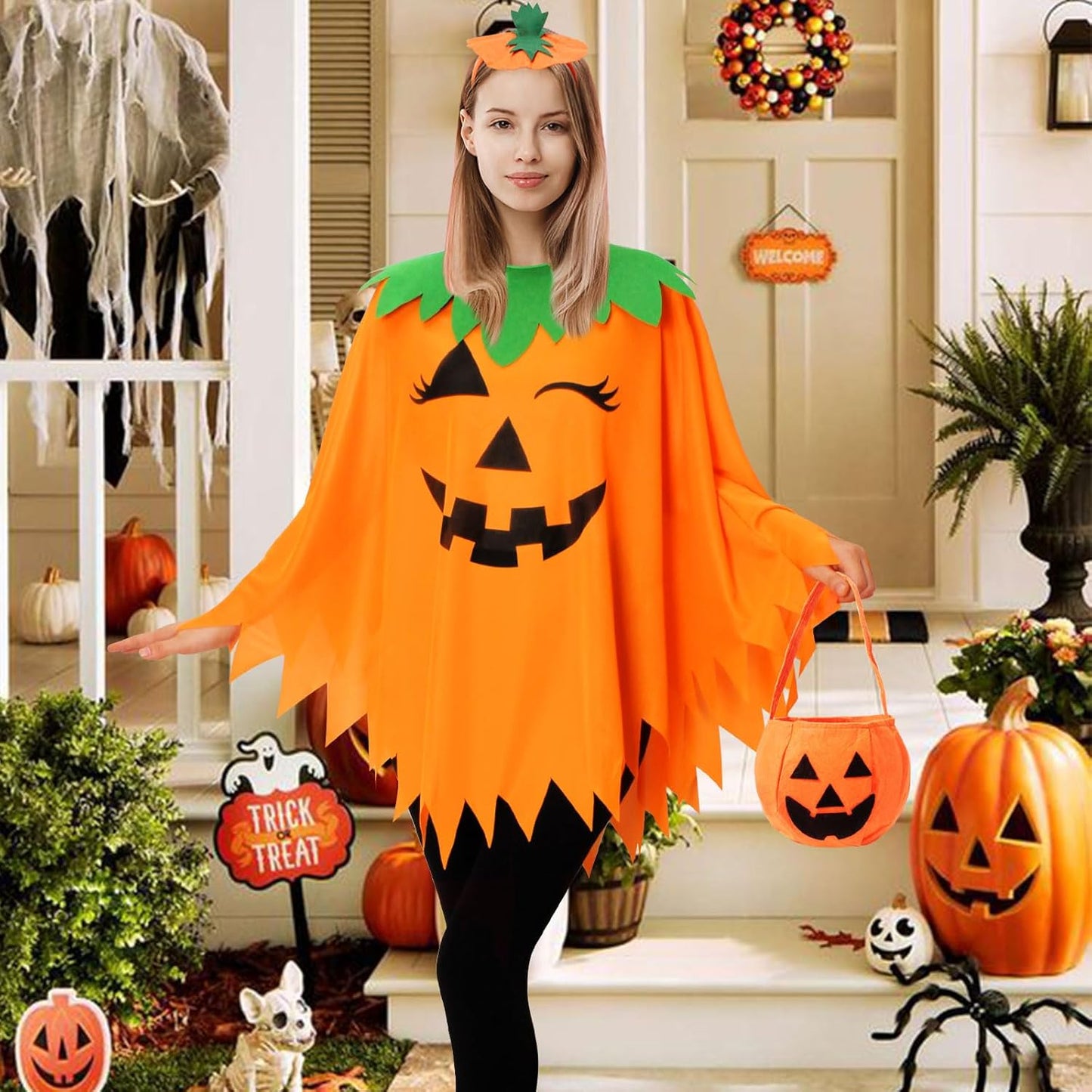 3 PCS Halloween Pumpkin Poncho for Women,Pumpkin Cape Costume with Headband and Candy Bag,Halloween Costume for Women Adults