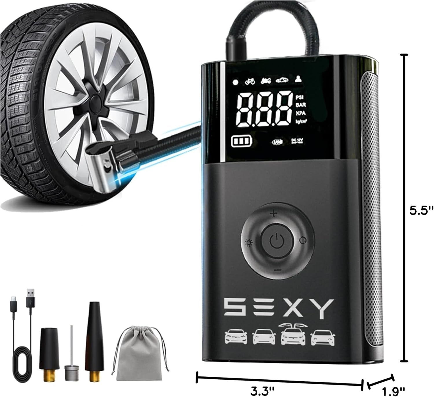 Tire Inflator Air Compressor for Model 3 Y X S,Cordless Portable Air Pump,2024 Accessories with Tire Pressure Gauge and Emergency Light,Multipurpose Tire Pump