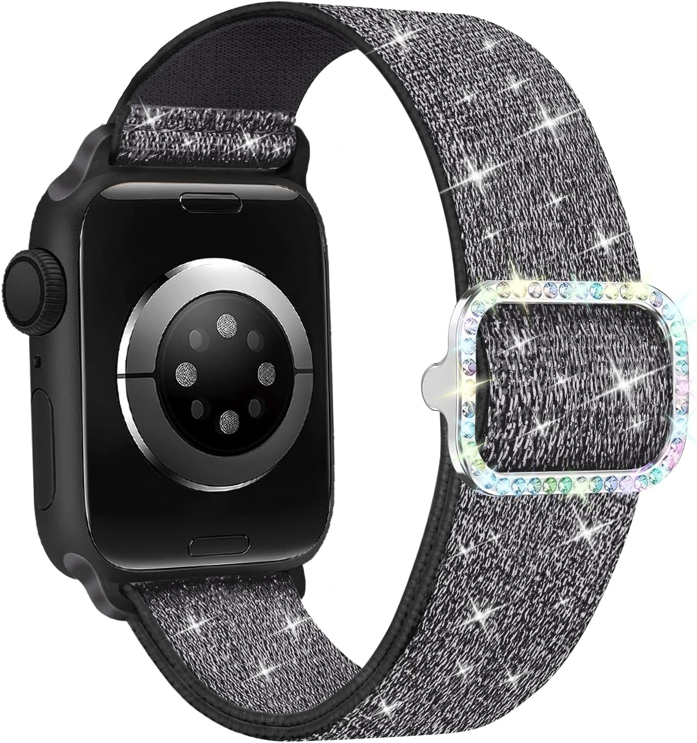 Bling Stretchy Nylon Band Silver Watch Bands for Women Compatible with Apple Watch Band 38Mm 40Mm 41Mm 42Mm (S10) Adjustable Unique Charms Metal Strap for Iwatch Series 10/9/8/7/6/5/4/3/2/1