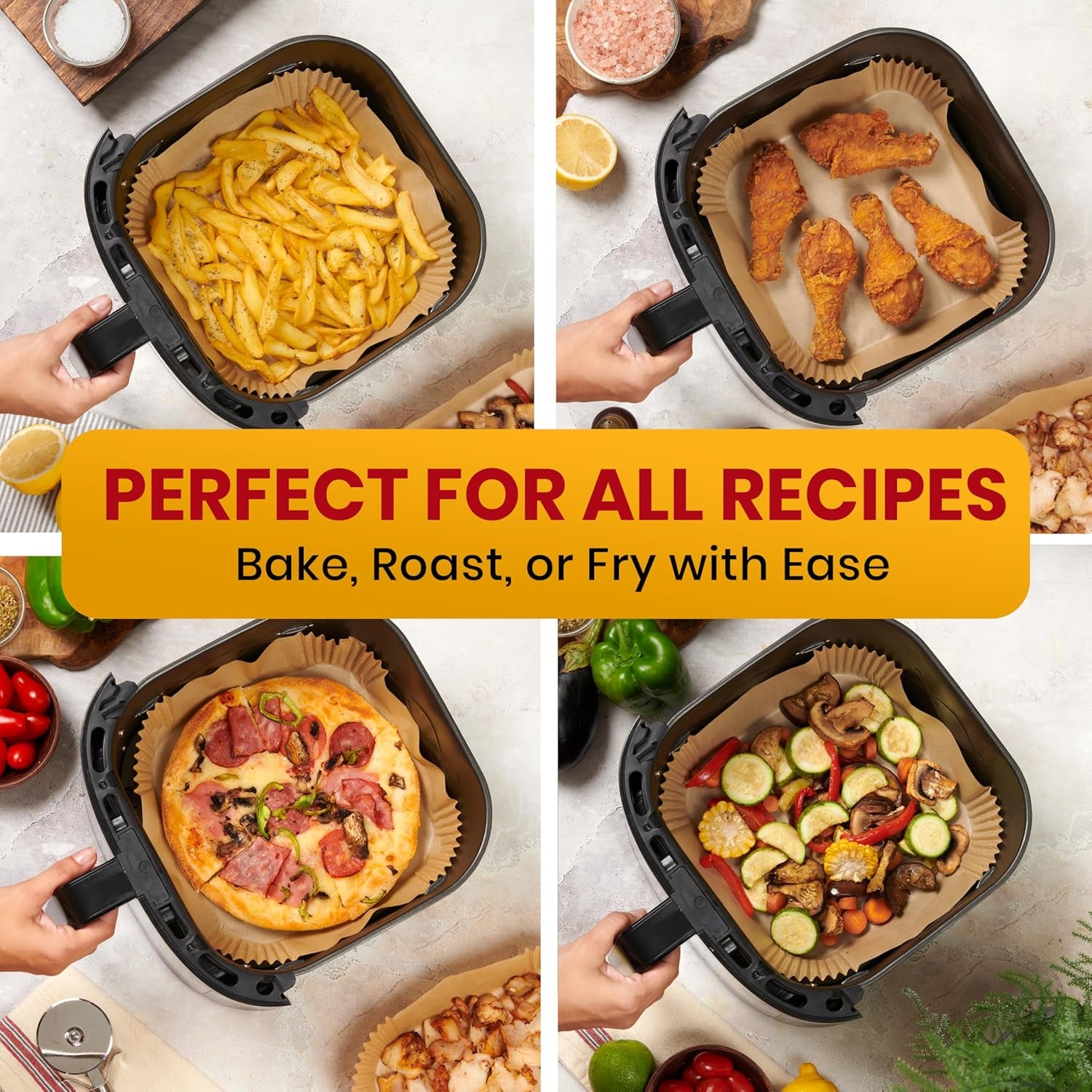 Air Fryer Paper Liners, 125Pcs Air Fryer Disposable Liners, Non-Stick and Oil Proof for Easy Cleanup, 8” Square for 5-8 Qt Basket by