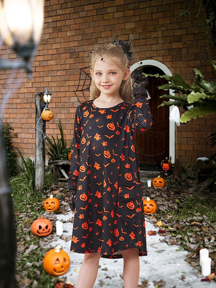 Girls Halloween Costumes Dresses for Kids Costume Dress Long Sleeve Printed Shirt Dresses with Pockets