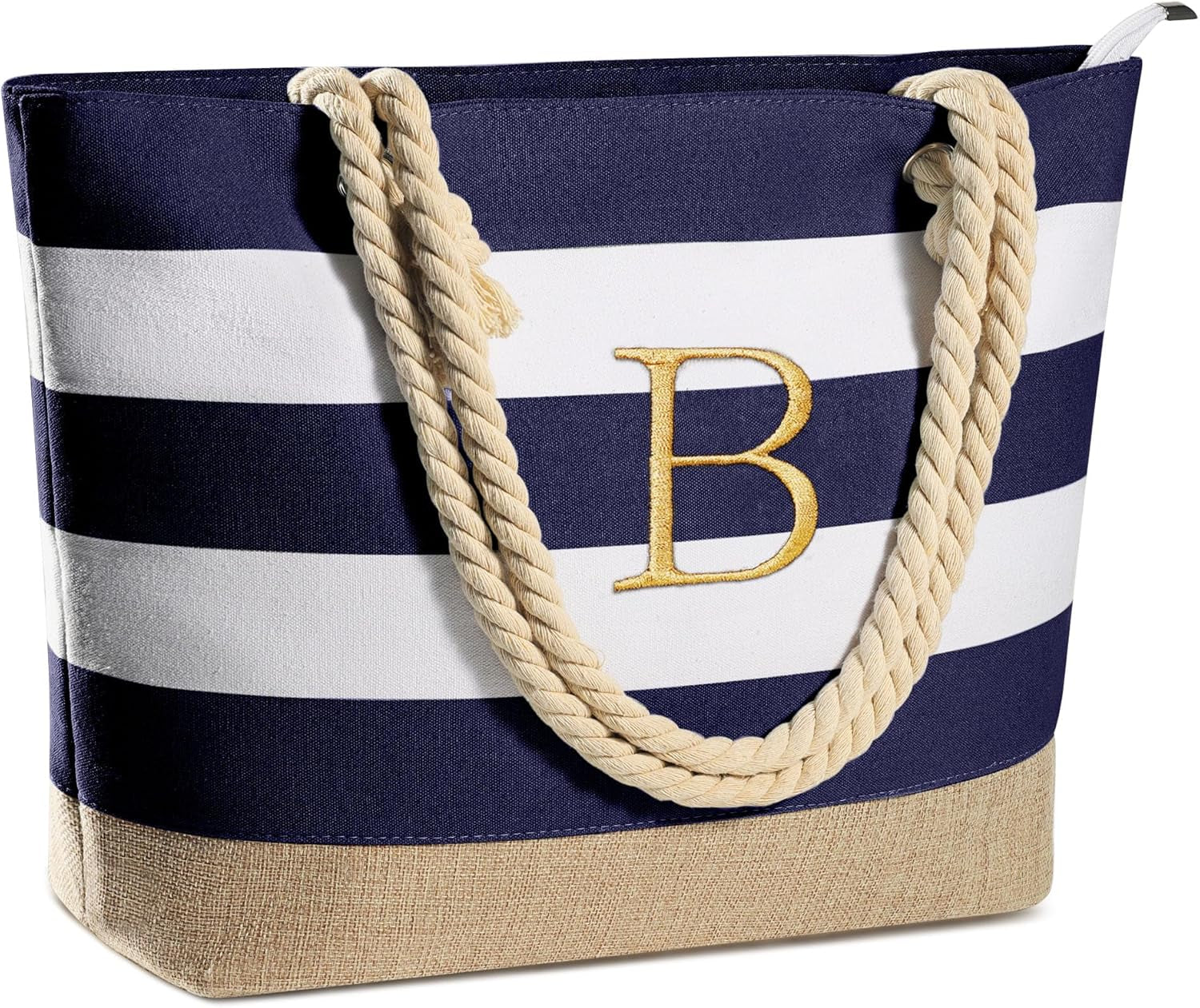 Initial Canvas Waterproof Beach Tote Bag Zipper Personalized Gifts for Women Her Birthday Travel Beach Essential