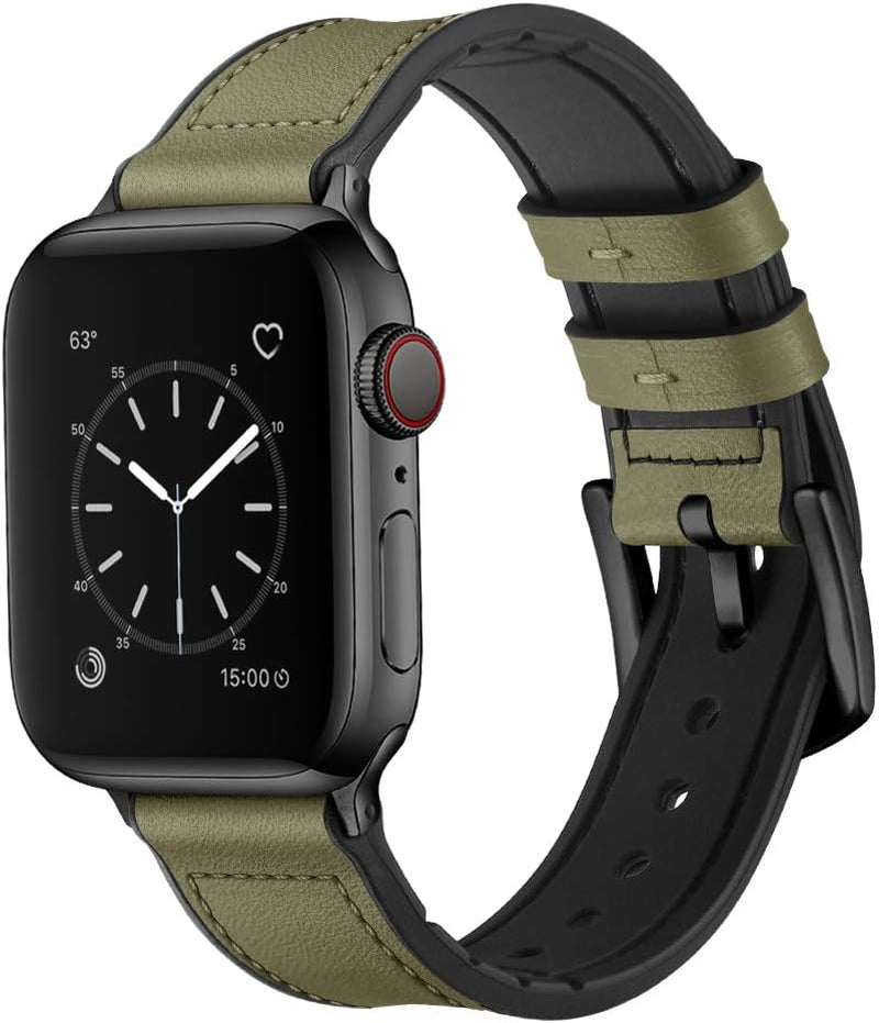 Compatible with Apple Watch Band 41Mm 40Mm 38Mm, Sweatproof Genuine Leather and Rubber Hybrid Band Strap for Iwatch Series 9 8 7 6 5 4 3 2 1 SE2 SE, Army Green Band with Black Adapter