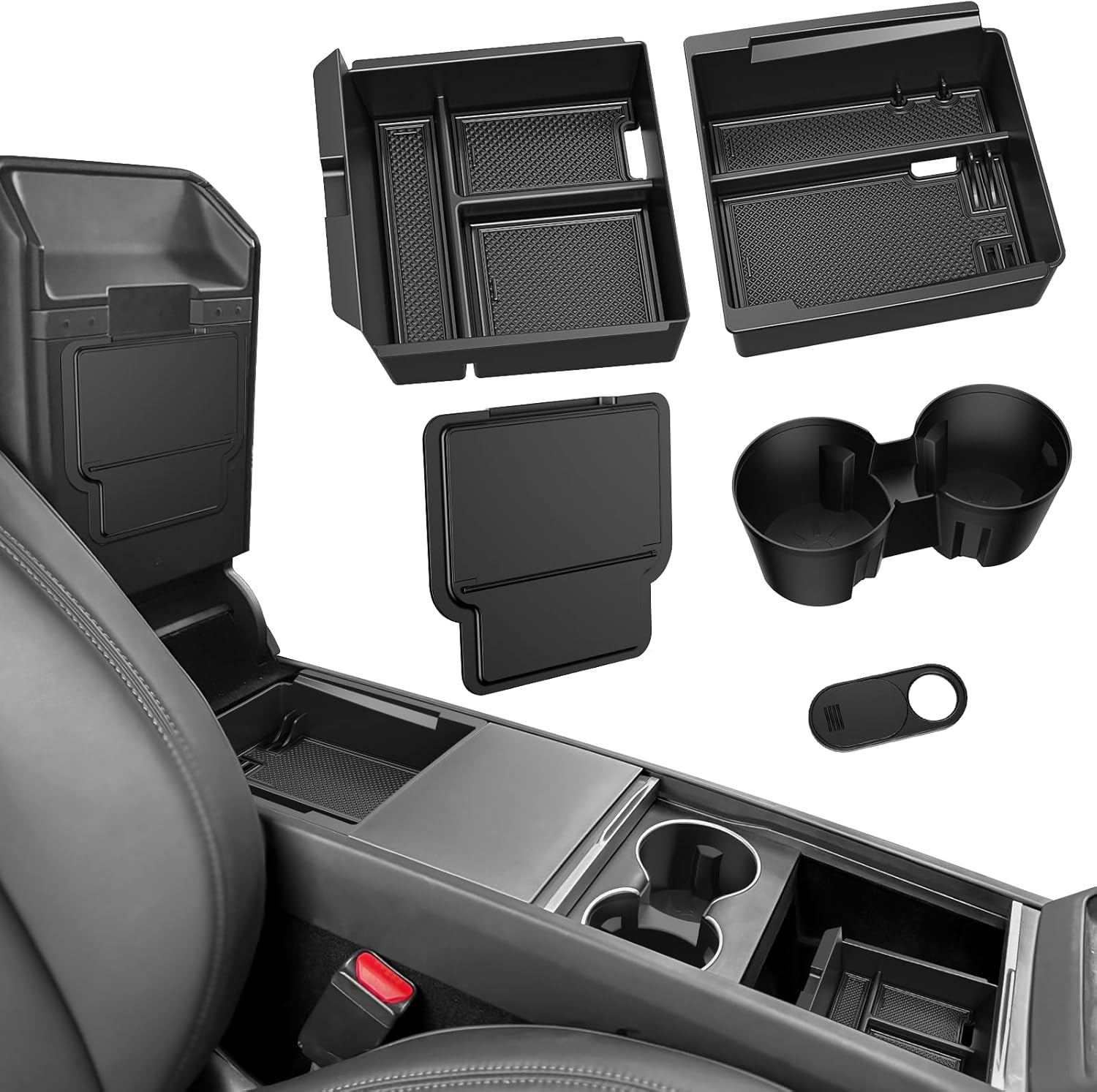 5PCS Upgraded Center Console Organizer for Tesla Model 3 Highland 2024 Accessories [Smooth Sliding] Armrest Organizer Tray Push Button Hidden Storage Box Cup Holder Webcam Cover, Black