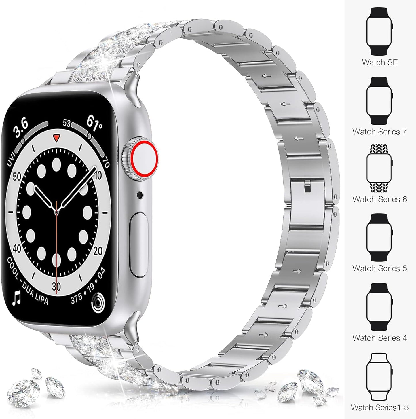 for Apple Watch Band 38Mm 40Mm 41Mm Series 8 7 6 5 4 3 2 1 SE Ultra for Women, Bling Replacement Bracelet Iwatch Band, Sparkle Diamond Rhinestone Stainless Steel Metal Wristband Strap