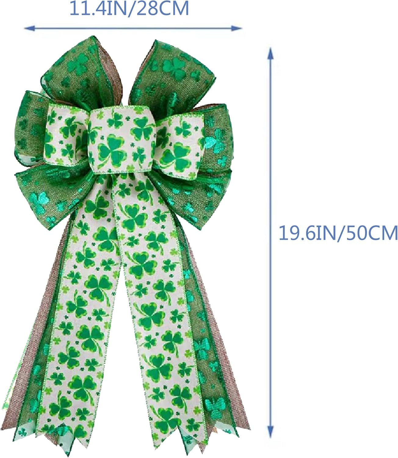 St Patricks Day Bow for Wreath Decorations,St Patricks Day Tree Topper Bows,Large Burlap White Green Glitter Shamrock Bowknot Irish Holiday Crafts Bows for Front Door Outdoor Outside