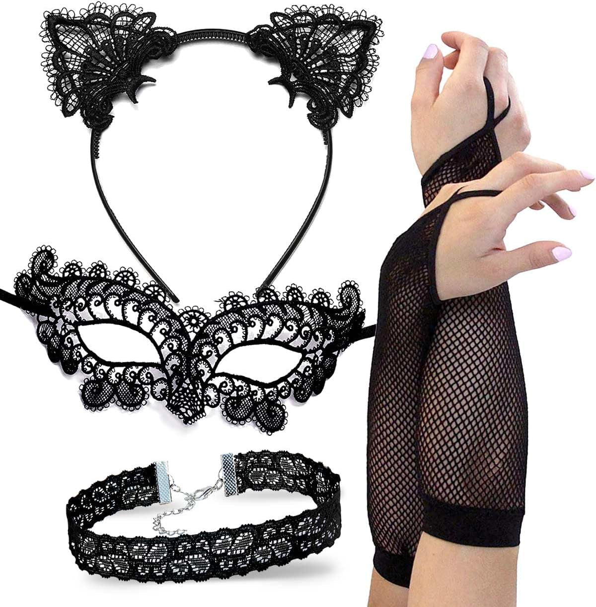 Black Cat Costume Accessories Cat Woman Sexy Costume for Women Halloween Masquerade Mask Adult, Lace Ears & Choker Necklace