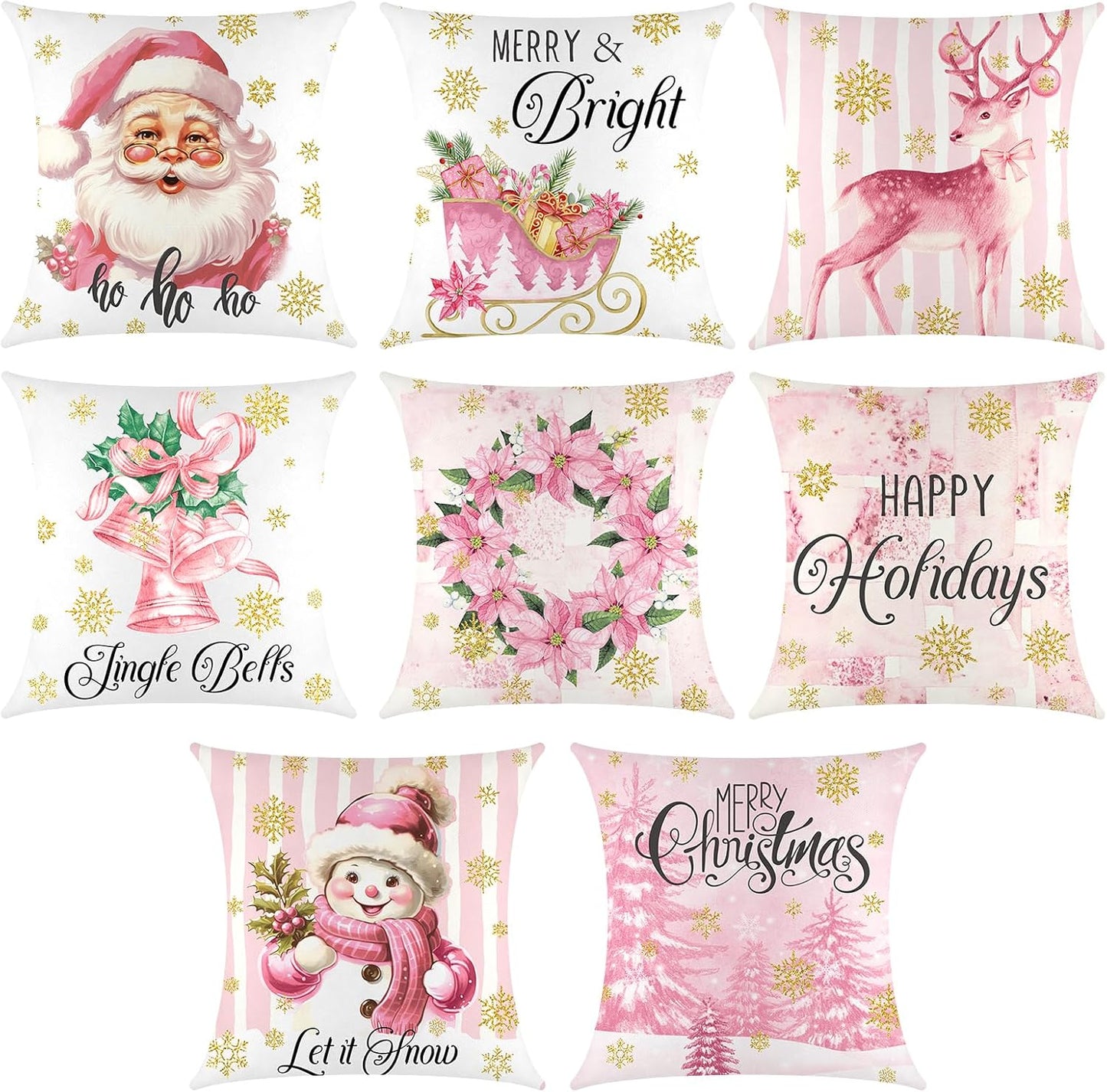 8 Pcs Pink Christmas Pillow Covers 18 X 18 Inch Pink Santa Christmas Tree Sleigh Snowman Gift Throw Pillow Covers Linen Pillowcase Pink Decorations Throw Pillow Covers Decor for Sofa Couch