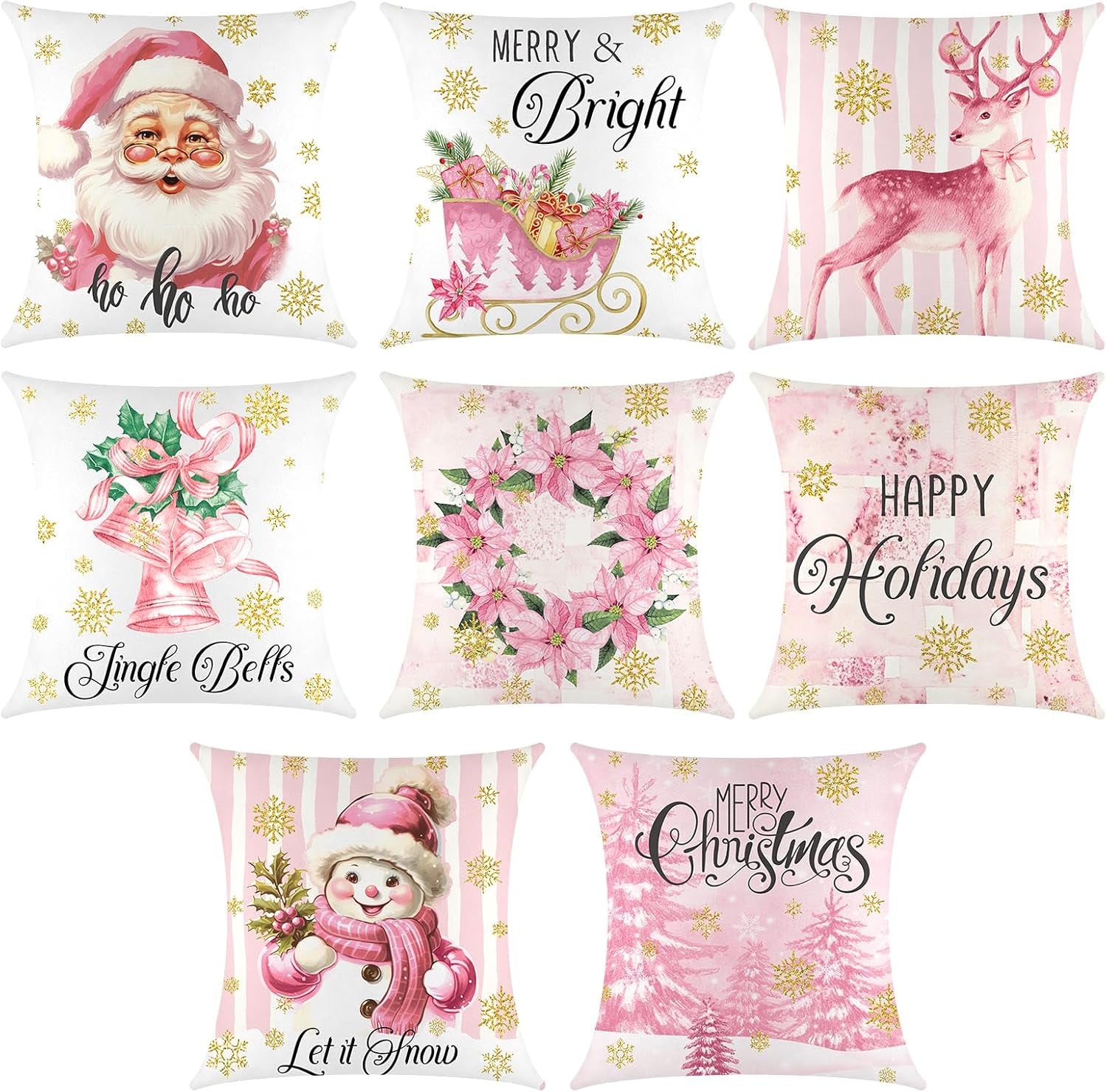 8 Pcs Pink Christmas Pillow Covers 18 X 18 Inch Pink Santa Christmas Tree Sleigh Snowman Gift Throw Pillow Covers Linen Pillowcase Pink Decorations Throw Pillow Covers Decor for Sofa Couch
