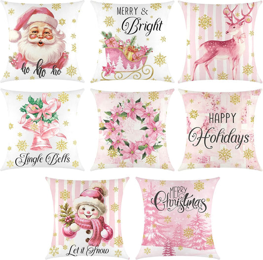 8 Pcs Pink Christmas Pillow Covers 18 X 18 Inch Pink Santa Christmas Tree Sleigh Snowman Gift Throw Pillow Covers Linen Pillowcase Pink Decorations Throw Pillow Covers Decor for Sofa Couch