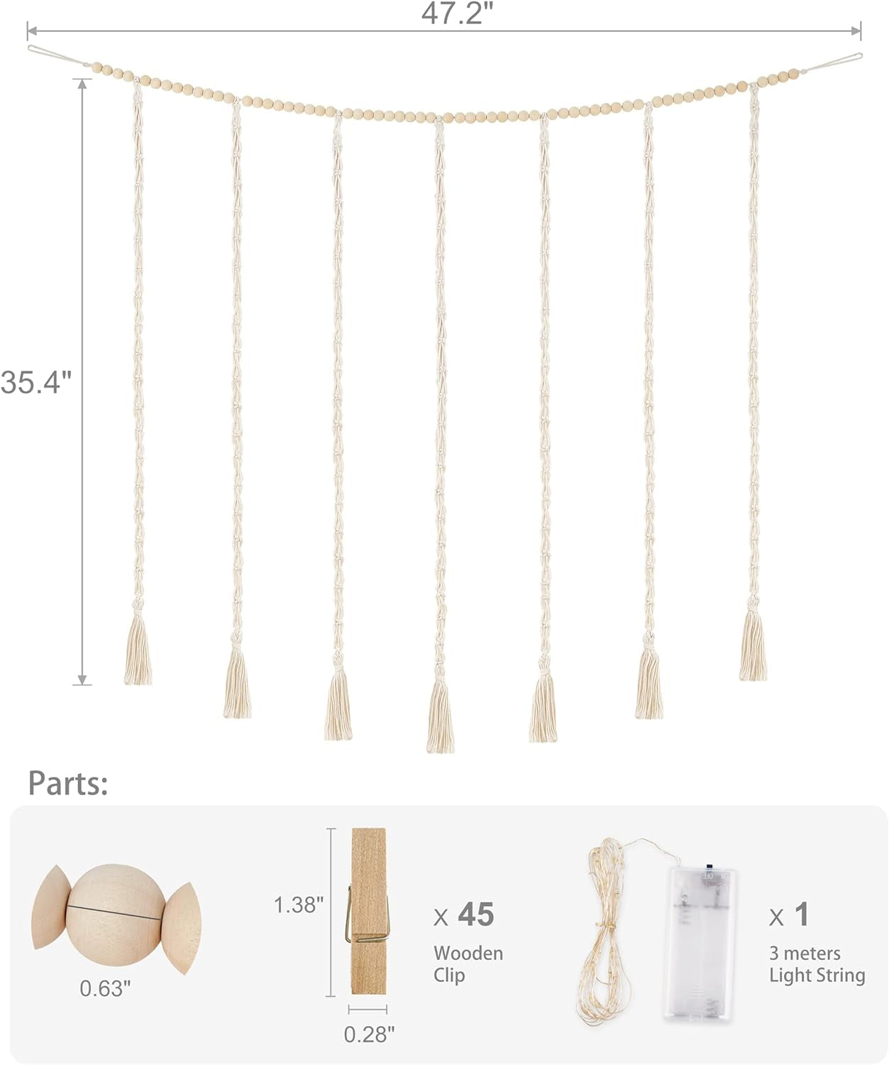 Macrame Hanging Photo Display Wall Decor with String Lights, Boho Wooden Beads Garland Collage Picture Card Frame Holder with 45 Clips for Bedroom Living Room Dorm, Teen Girls Christmas Gifts