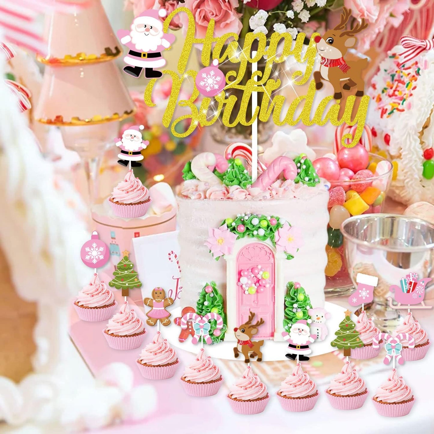 Pink Christmas Birthday Decorations,Gingerbread Man Theme Happy Birthday Banner Santa Claus Cake Topper Latex Balloons for Christmas Birthday Party Supplies