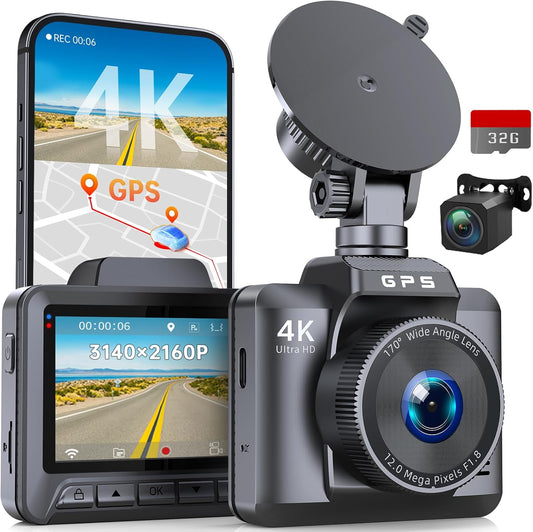 Dash Cam Front and Rear,  4K+1080P Dual Dash Camera for Cars, Built-In Wifi GPS Dashboard Camera, 2.4" IPS Screen Dashcam, 170° Wide, Night Vision, WDR, G-Sensor, 32GB SD Card Included