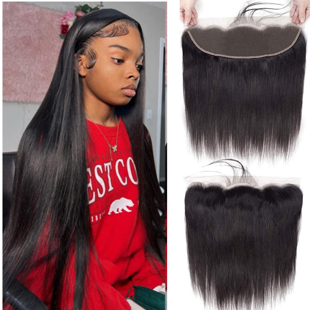 13X4 Lace Frontal Closure 8 Inch Ear to Ear Free Part Lace Closure Brazilian Silky Straight Frontal Human Hair Extension Pre-Plucked Frontal Closure Natural Black Color