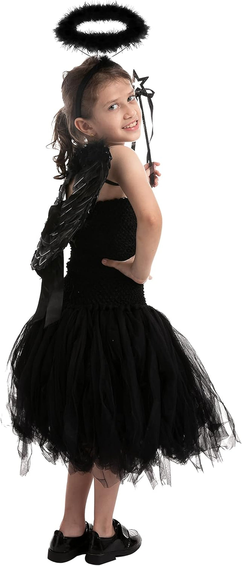 Black White Angel Wings Halo Headband with Wand for Kids Feather Fairy Wings Halloween Party Costume