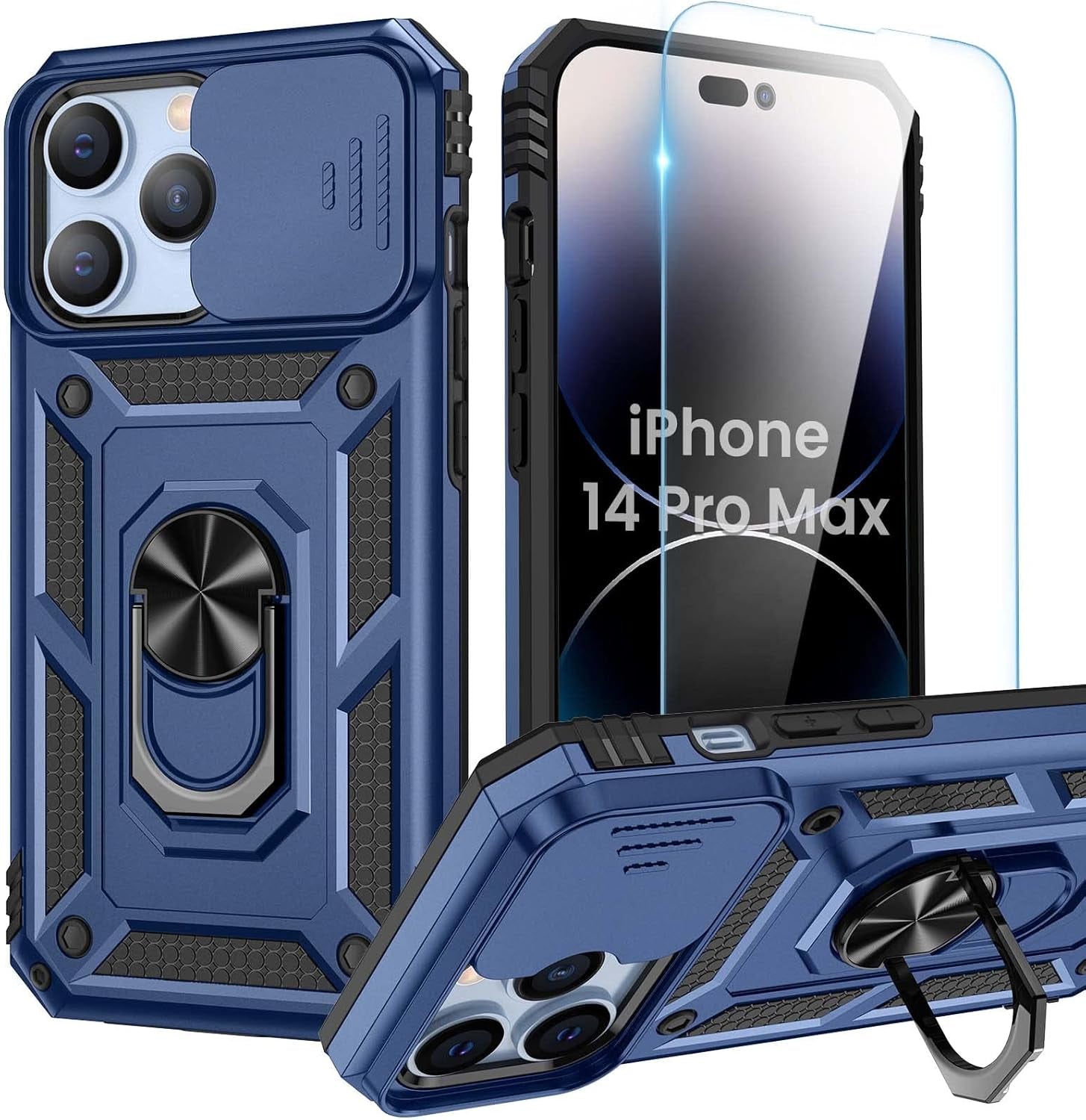 Compatible for Iphone 16 Case with Screen Protector - Slide Camera Cover Protective Phone Case with Ring Stand, Heavy Duty Shockproof Rugged Bumper for Iphone 16 Accessories Blue
