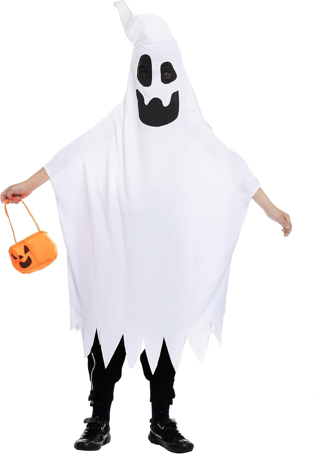 Halloween Ghost Costume with Horn and Pumpkin Bucket for Child Halloween Spooky Trick-Or-Treating