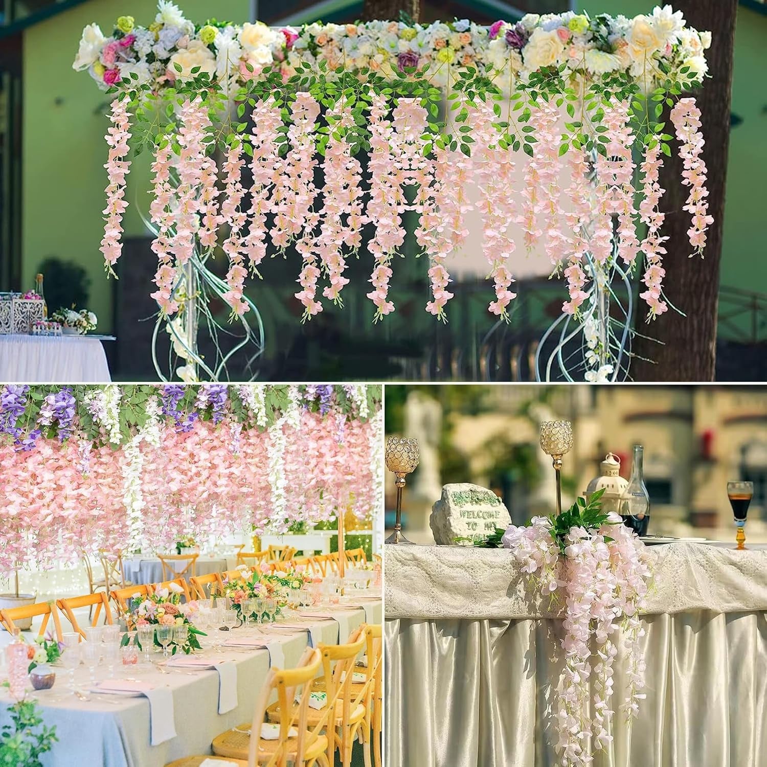 Wisteria Hanging Flowers 24 Pack Artificial Flowers Fake Wisteria Vine Rattan Hanging Garland Silk Flowers String for Party Home Wall Greenery Wedding Decor (Light Pink)