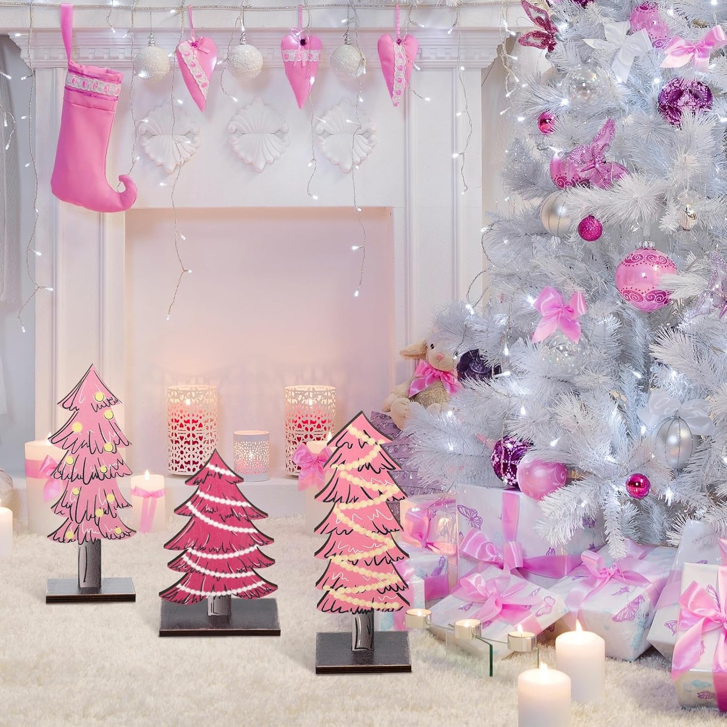 3 Pcs Rustic Christmas Decor Tabletop Christmas Tree Decorations Farmhouse Wood Trees Wooden Tree Centerpieces for Tables Rustic Xmas Decor with Rectangular Base for Home(Pink)