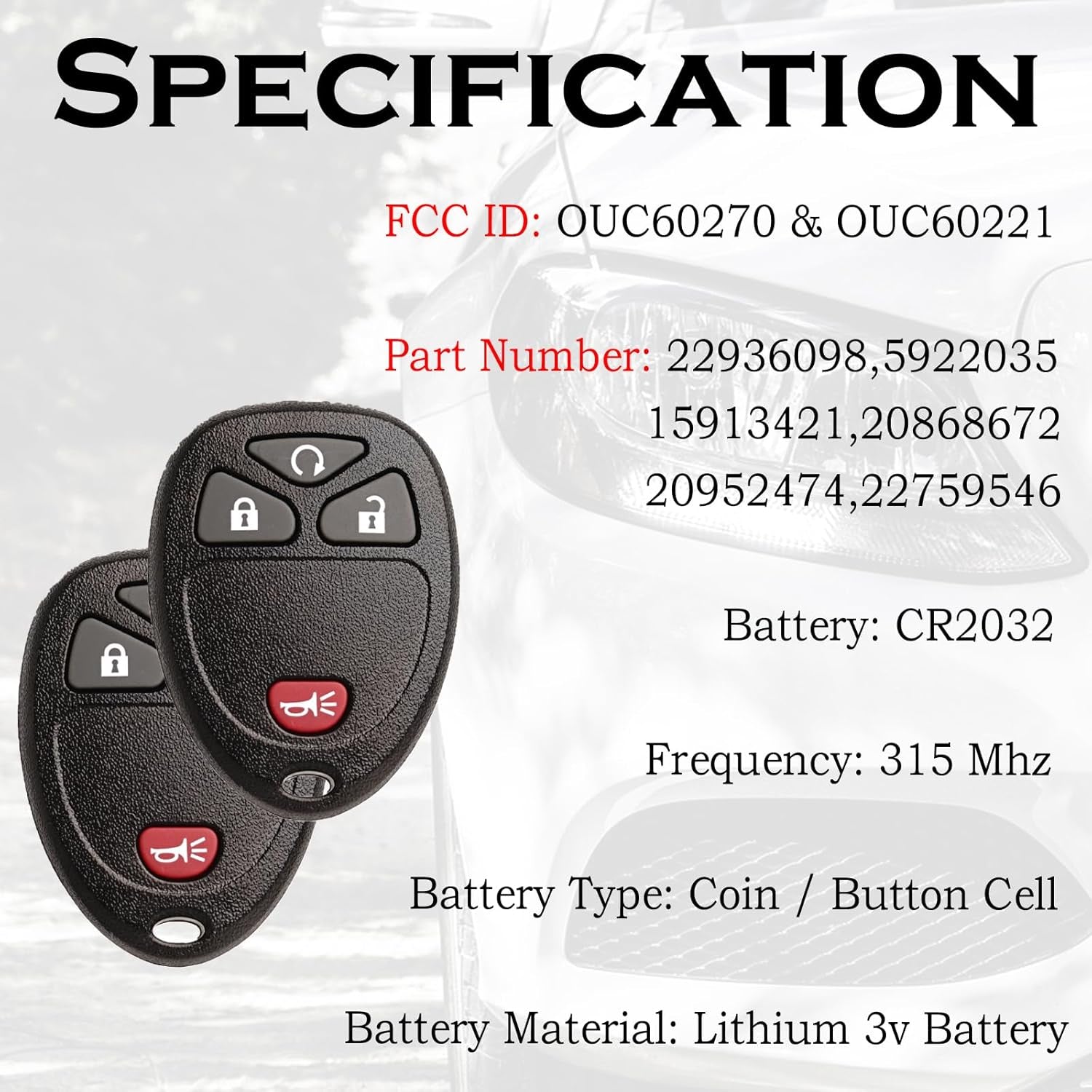 Keyless Entry Remote Start Control Key Fob Replacement Fits Chevy Silverado Avalanche Equinox Express Traverse GMC Yukon Sierra 1500 2500 3500 HD Acadia 2007 2008 2009 2010 2011 2012 2013 OUC60270